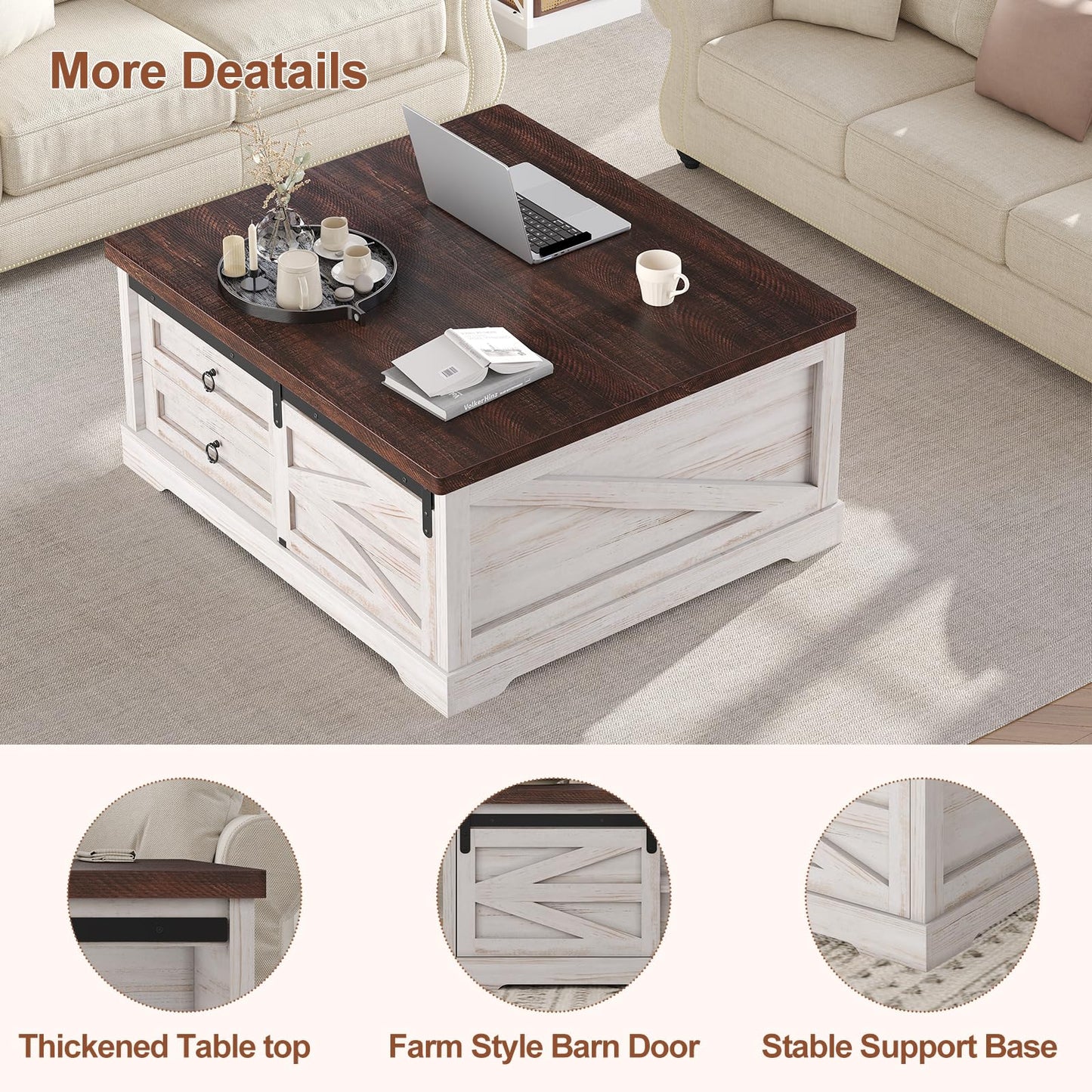 Itaar 39.4'' Lift Top Coffee Table with Storage, Farmhouse Coffee Tables for Living Room, Square Coffee Table with Large Hidden Compartment & 2 Drawers & Adjustable Shelves, White