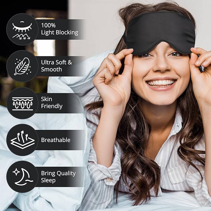 BOKOR Silk Sleep Mask - FSA/HSA Eligible Eye Mask for Sleep, Mulberry Silk Luxury Eye Cover, Light-Blocking, Skin-Friendly & Lightweight, Reduces Puffy Eyes - with Travel Bag & Gift Package - Black