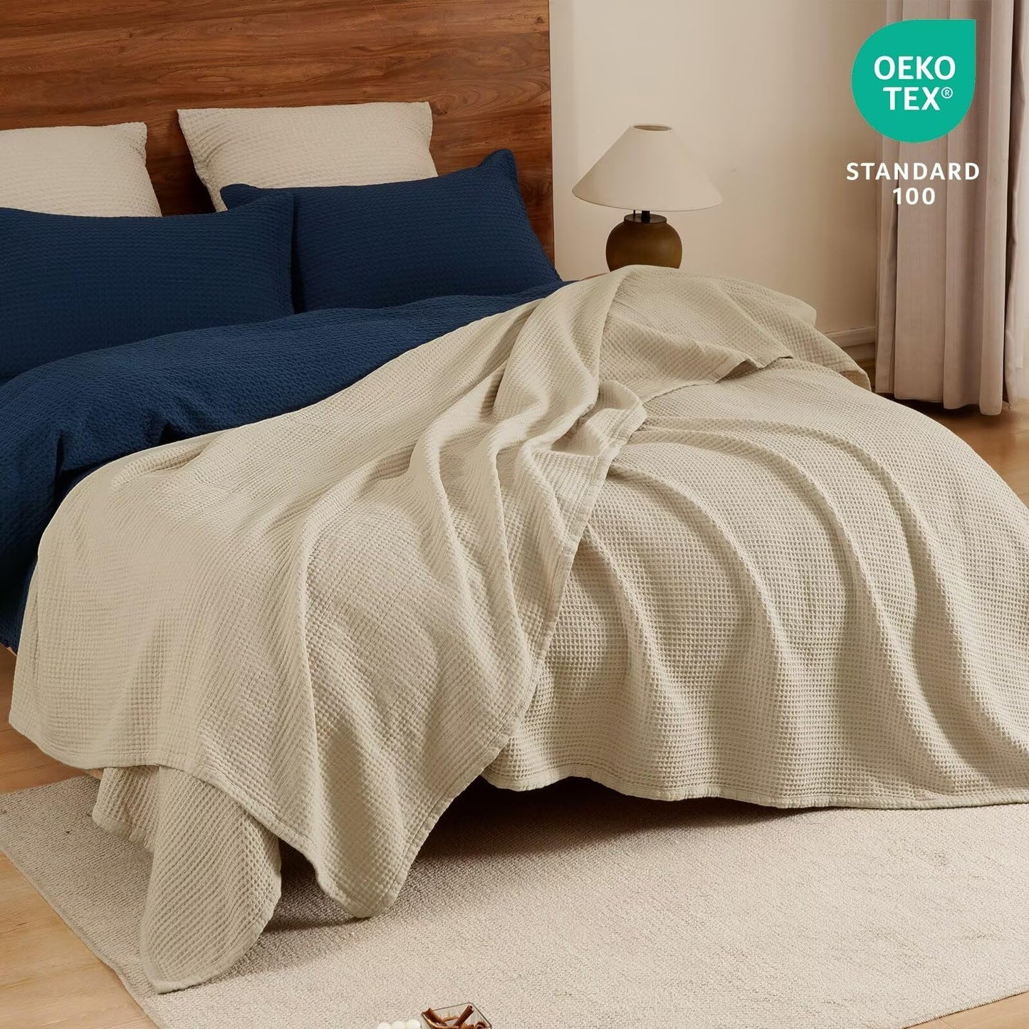 PHF 100% Cotton Waffle Muslin Blanket Queen Size, 90" x 90" Lightweight and Breathable Washed Cotton Blanket, Aesthetic Soft Muslin Waffle Bedding for Sofa Bed Home Decor, Oak