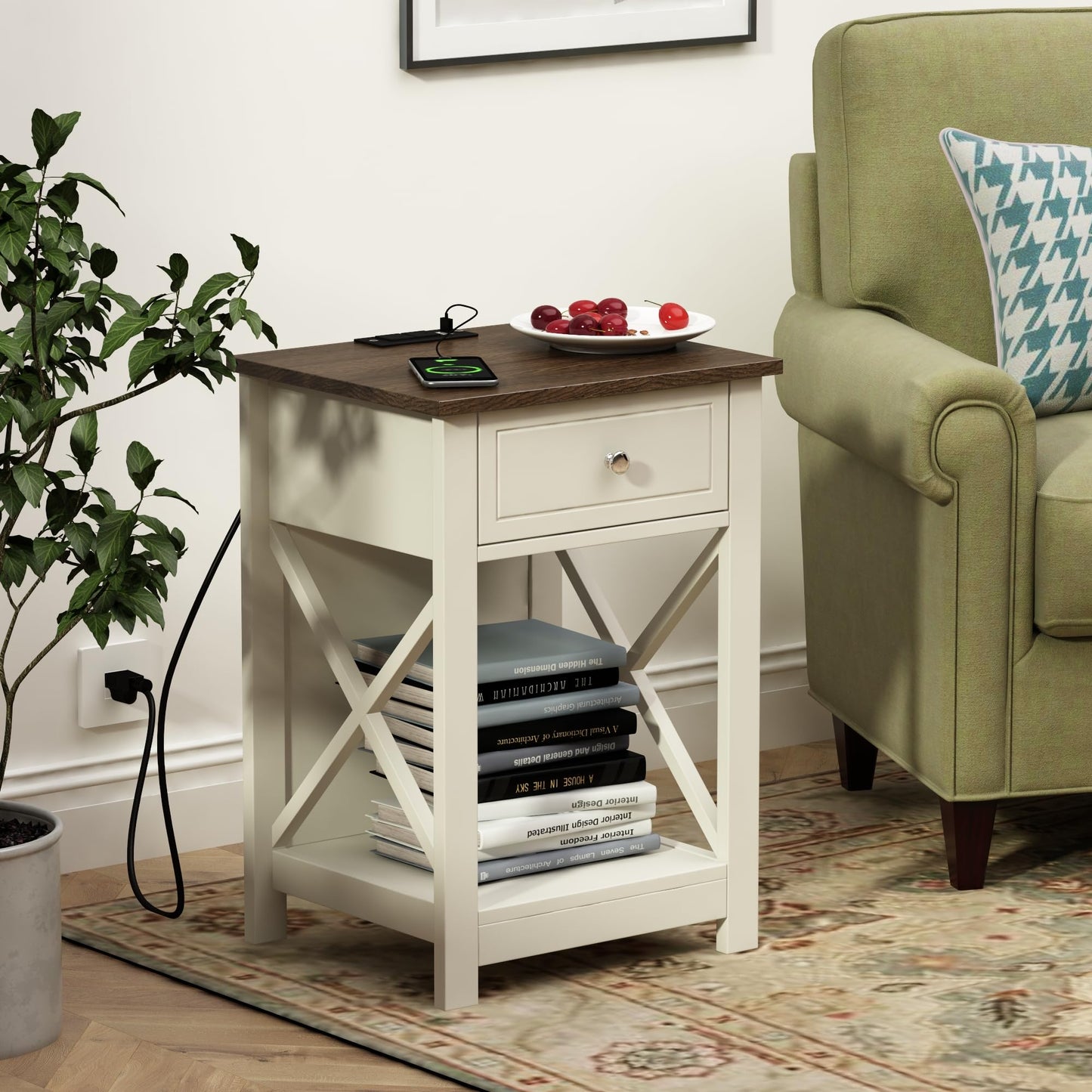 Treocho Farmhouse End Table Set of 2,Nightstand with Charging Station, X-Design Side Table with 2 AC and USB Power Outlets, Small Night Stand with Storage Drawer and Open Shelf for Living Room