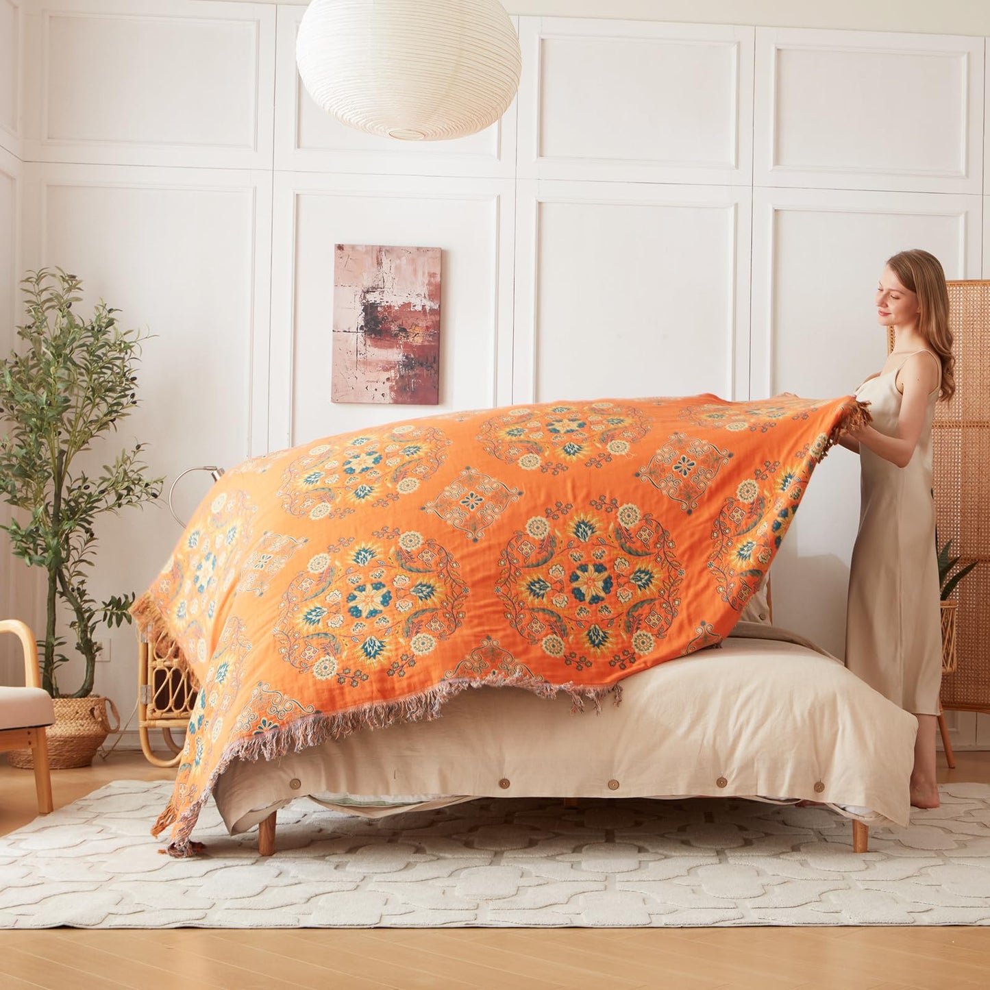 Boho Throw Blanket for Bed 100% Cotton Ultra Soft Rustic Quilt Floral Printed Farmhouse Decor Summer Bed Blankets,60"×80" All Season Rustic Large Throw for Sofa Couch Chair