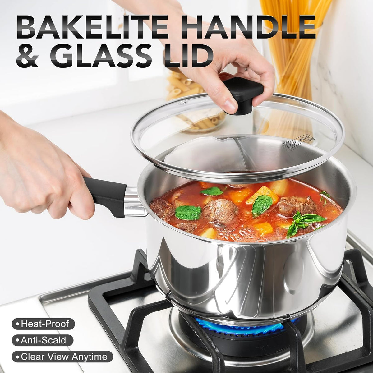 MICHELANGELO Stainless Steel Sauce Pan with Lid 1QT & 2QT & 3QT, TriPly Stainless Steel Saucepans with Straight Bakelite Handle & Square Lid Knob, Nonstick Sauce Pans Set, Induction Compatible