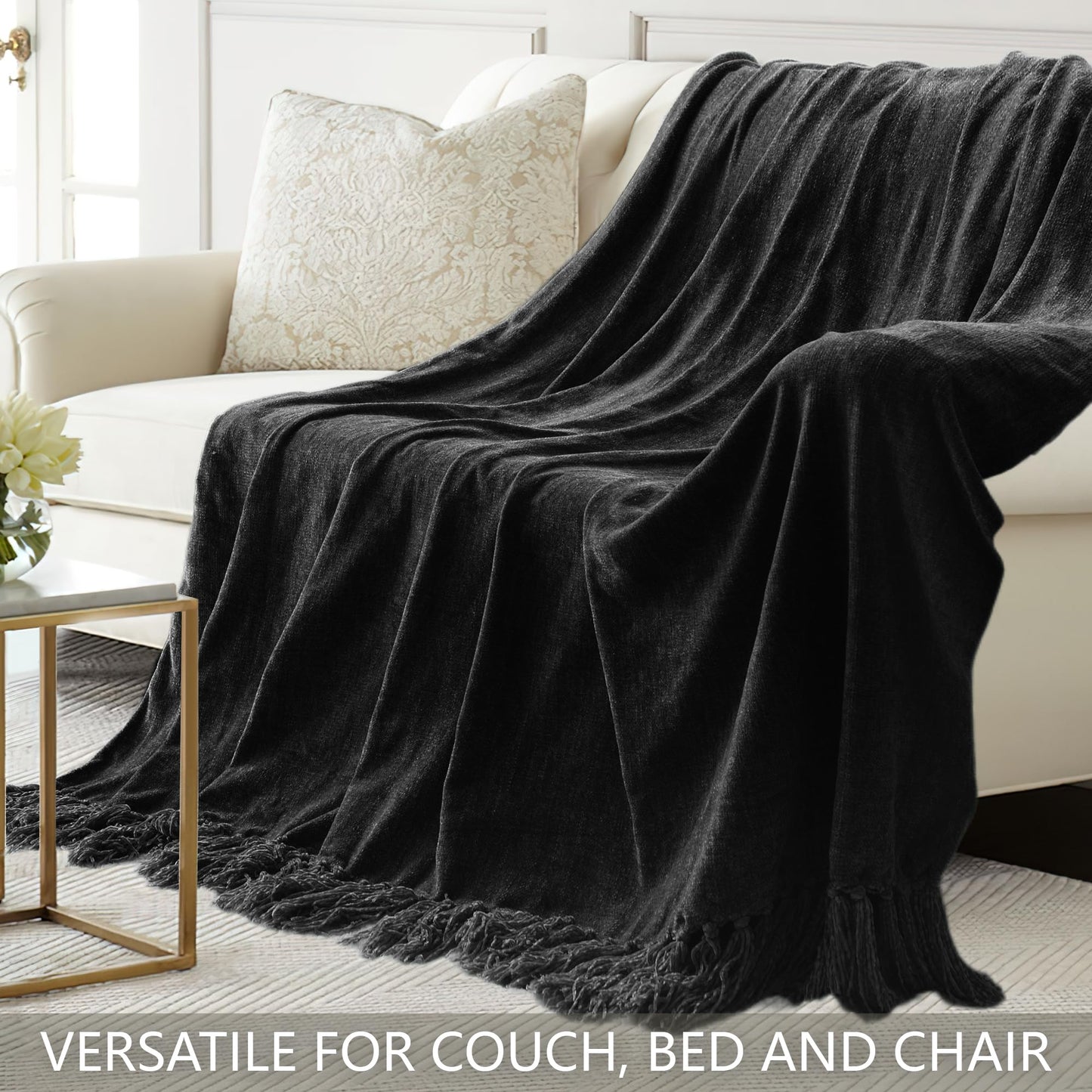 LONG CREATE Chenille Throw Blanket for Couch 50"X 60", Soft Cozy Throws with Fringe Tassel for Bed Sofa Chair Cover, Lightweight Knitted Decorative Boho Blankets for Living Room, Black