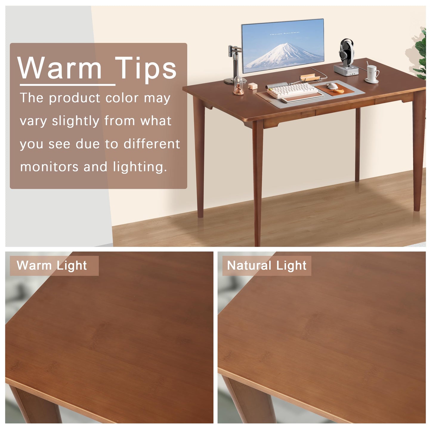 Maydear 47" Bamboo Multipurpose Study Writing Desk with Drawer, Modern Simple Computer & Laptop Table Dining Table for Bedroom, Living Room, Home and Office, Kitchen，Walnut
