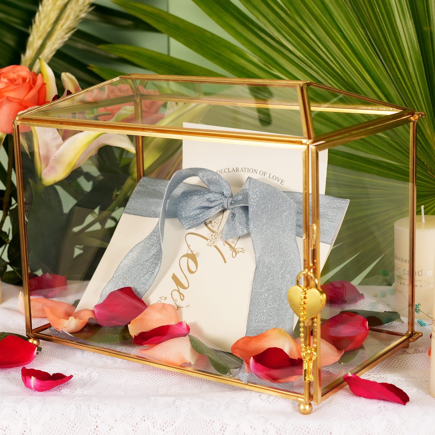 WHSLILR 12.6" Glass Card Box Wedding Card Box with Lock for Wedding Reception Cosmetic Home Decor, Handmade Large Geometric Terrarium with Hinged Lid, Brass Frame - (Golden/Roof)