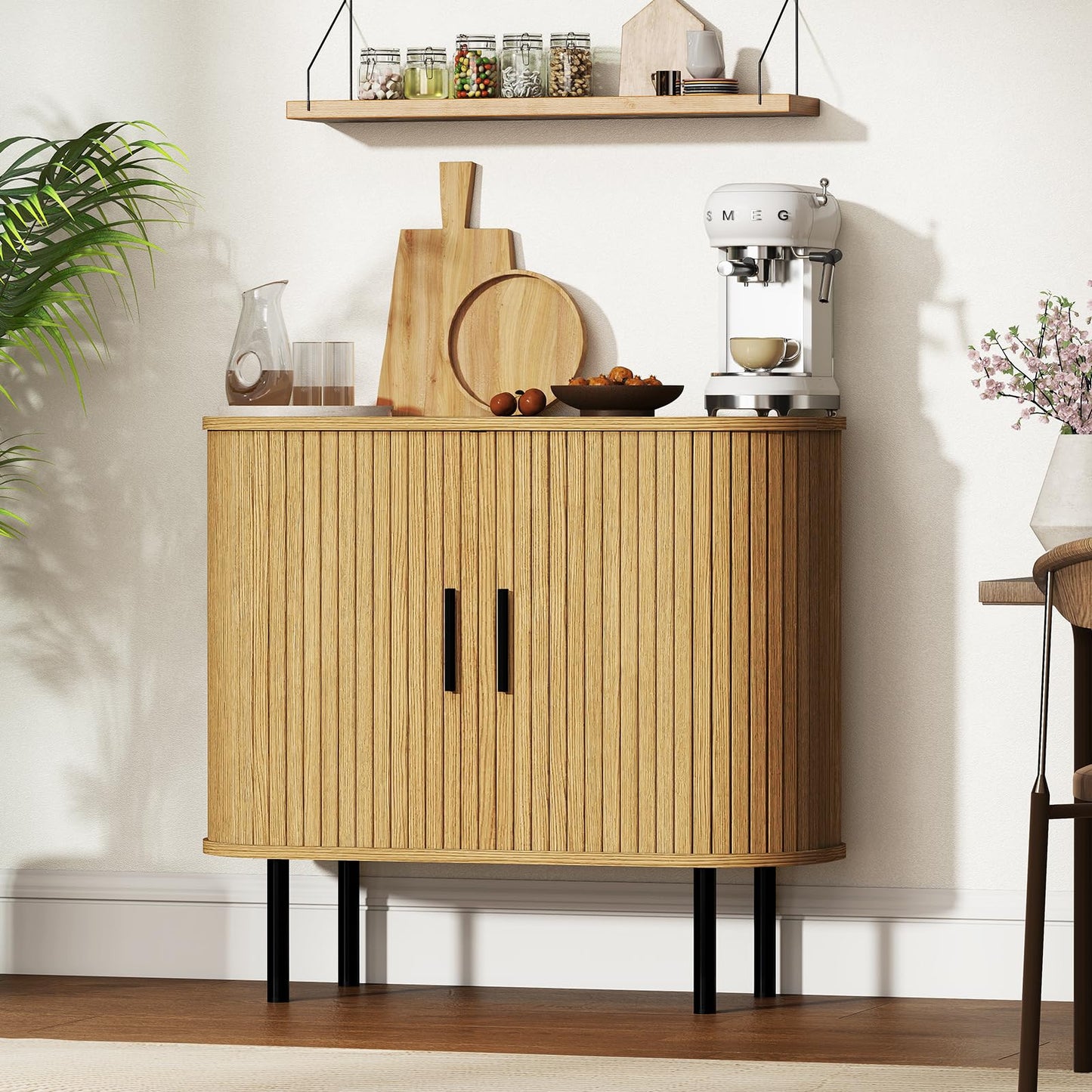 BREEZEHEAT 35" Fluted Sideboard Buffet Cabinet –Mid Century Modern Accent Cabinet-Tambour Credenza Console Table w/Sliding Doors & Adjustable Shelves–for Kitchen, Entryway, Living Room, Dining Room
