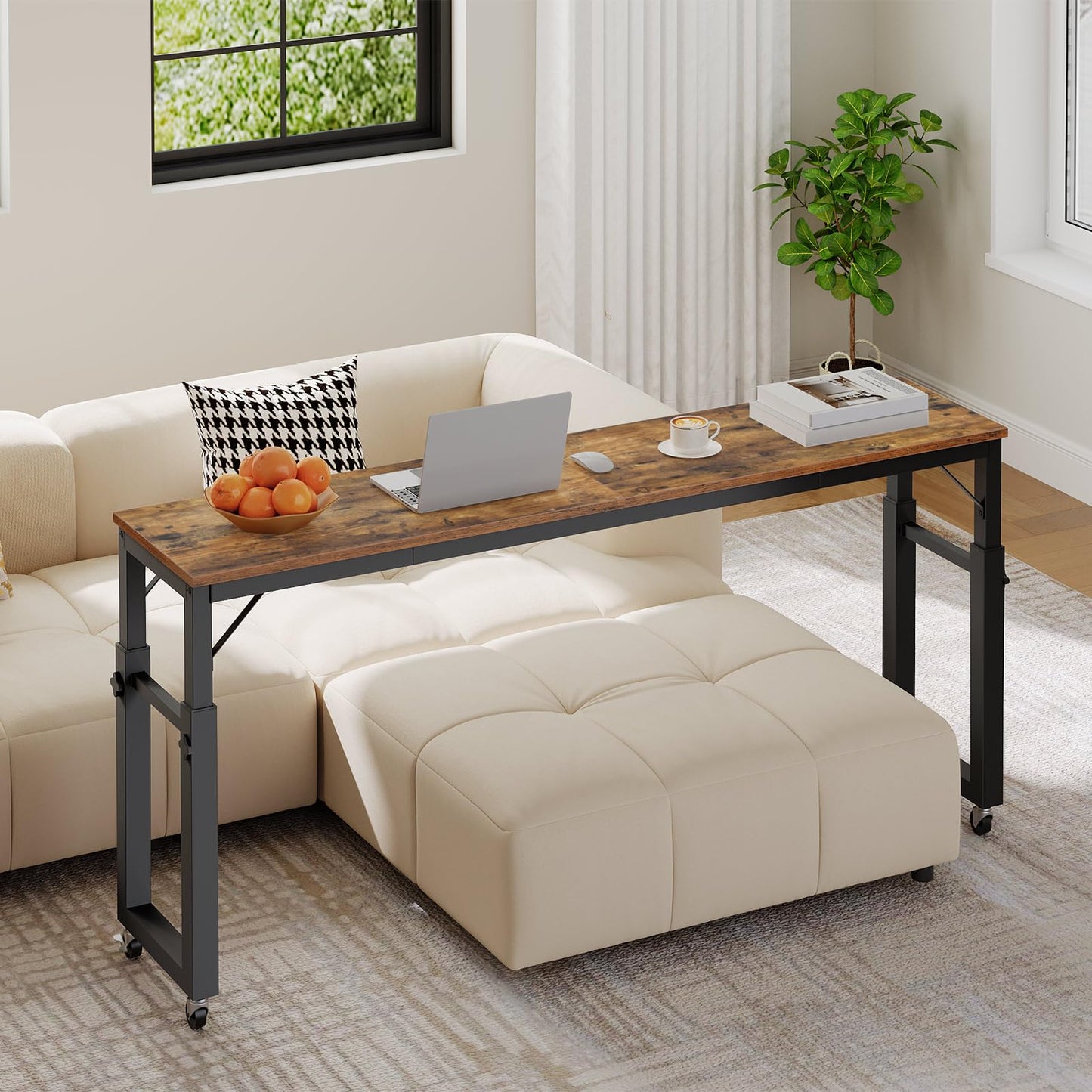 MAHANCRIS Overbed Table with Wheels, Queen Size Mobile Bed Desk with Adjustable Height, Rolling Table, Dining Table, Computer Desk, for Bedroom, Living Room, Office, Rustic Brown MTHR18001