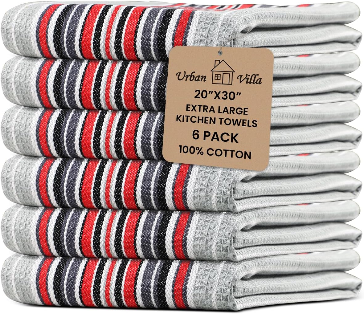 Urban Villa Kitchen Towels Waffle Stripes Dish Towels for Kitchen Grey Color Set of 6 Kitchen Towels Highly Absorbent Cotton Over Sized 20X30 in with Mitered Corners Kitchen Hand Tea Towels