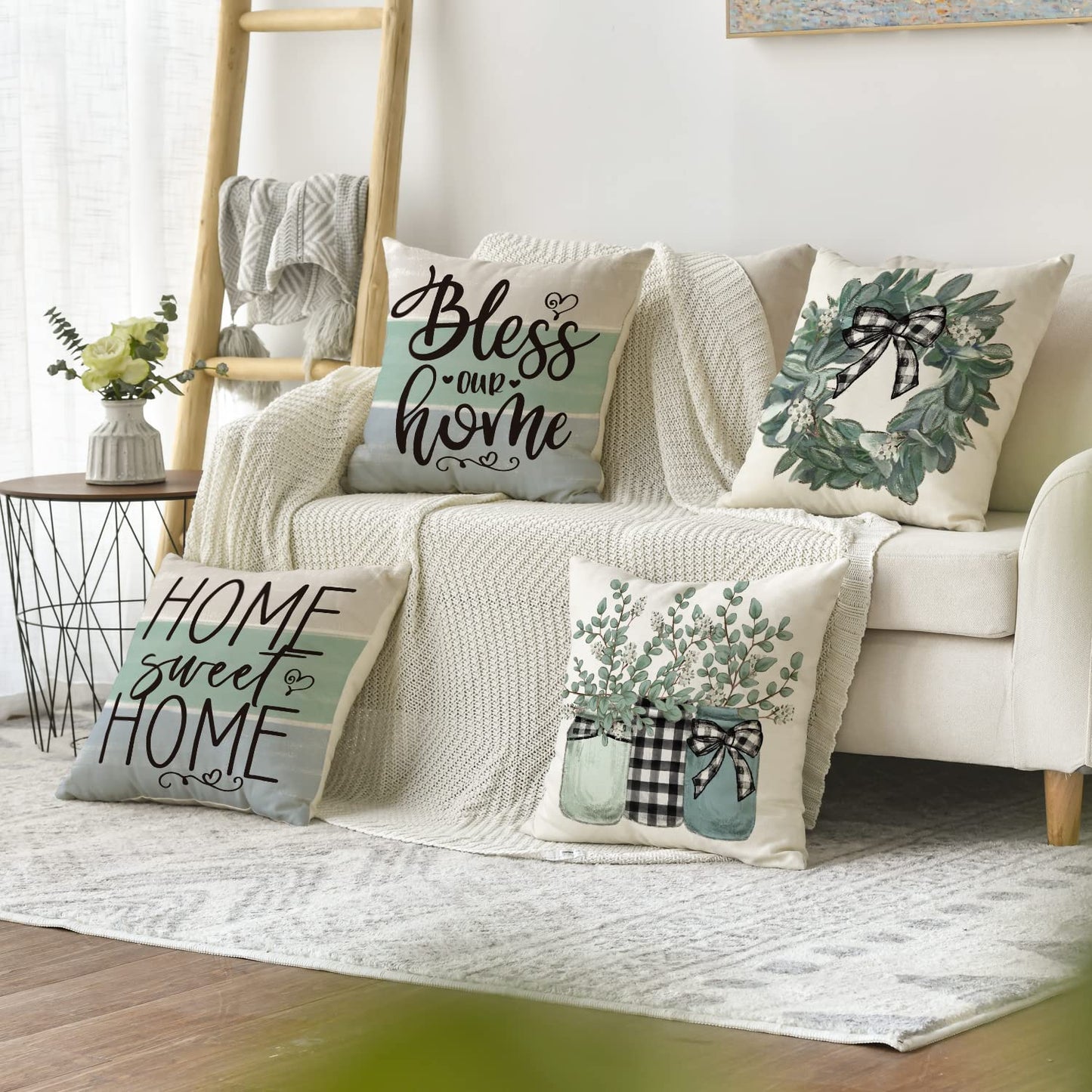 AVOIN colorlife Spring Sweet Home Eucalyptus Lamb Ear Wreath Throw Pillow Covers, 18 x 18 Inch Bless Our Home Buffalo Plaid Cushion Case for Sofa Couch Set of 4