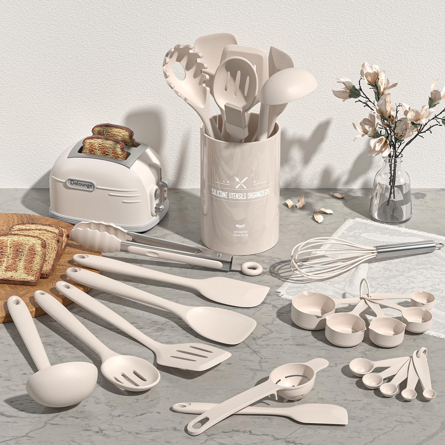 Silicone Kitchen Cooking Utensils Set, Umite Chef 22Pcs Heat Resistant Kitchen Utensils, Spatula, Spoon, Whisk, Dishwasher Safe Kitchen Utensil Gadgets Tools Set for Nonstick Cookware(Khaki)