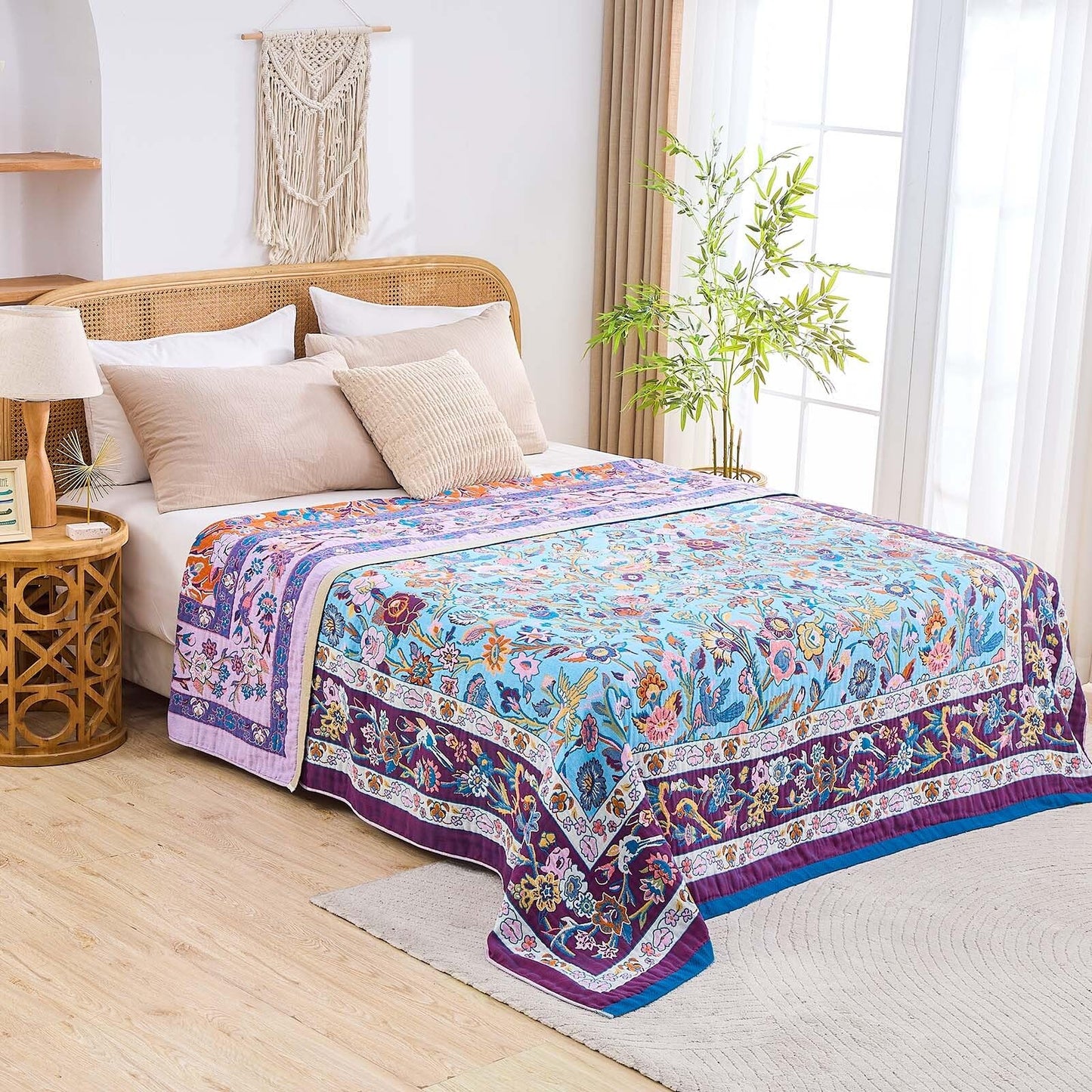 XIBLC Fall Blanket for Bed, 100% Cotton Soft Rustic Boho Throw Blanket Quilt, 50"x60" Farmhouse Decor Bed Flower Blankets, Light Weight Reversible Bohemian Throw Quilt
