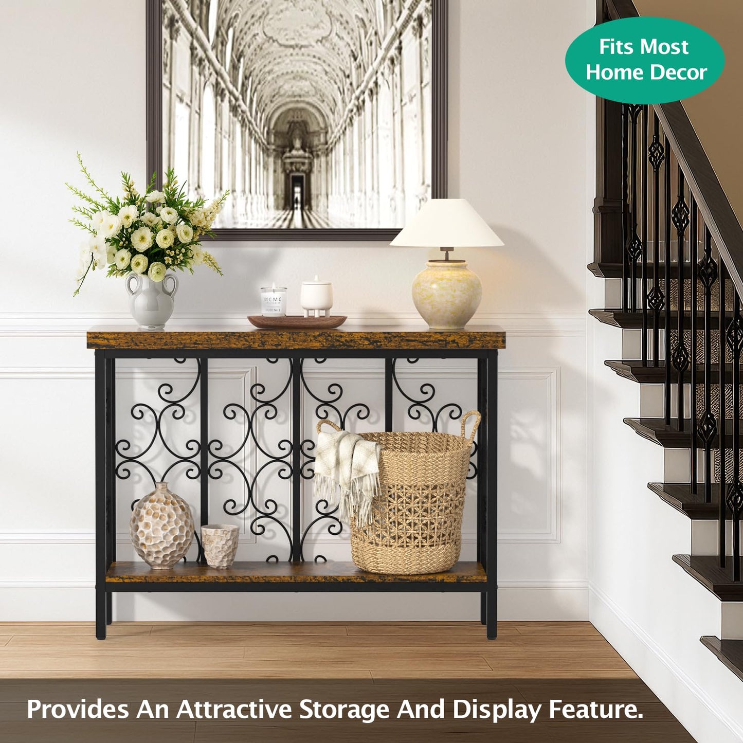 XCSOURCE Console Table, 42.5" Entryway Table with Storage Shelf, Narrow Sofa Table Behind Couch, 2-Tier Hallway Accent Tables for Living Room, Entrance, Foyer, Rustic Brown