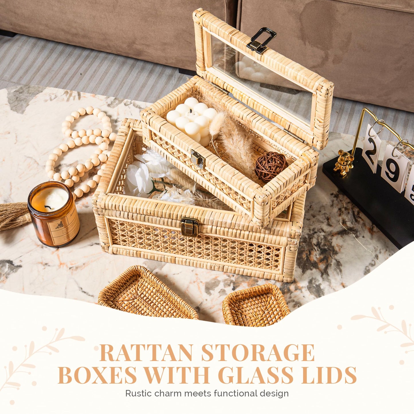 Rattan Display Boxes with Glass Lids - Rectangular Decorative Storage Box for Shelf - Set of 2 Woven Wicker Boho Cane Decor Organizers - 2 Removable Rattan Storage Trays