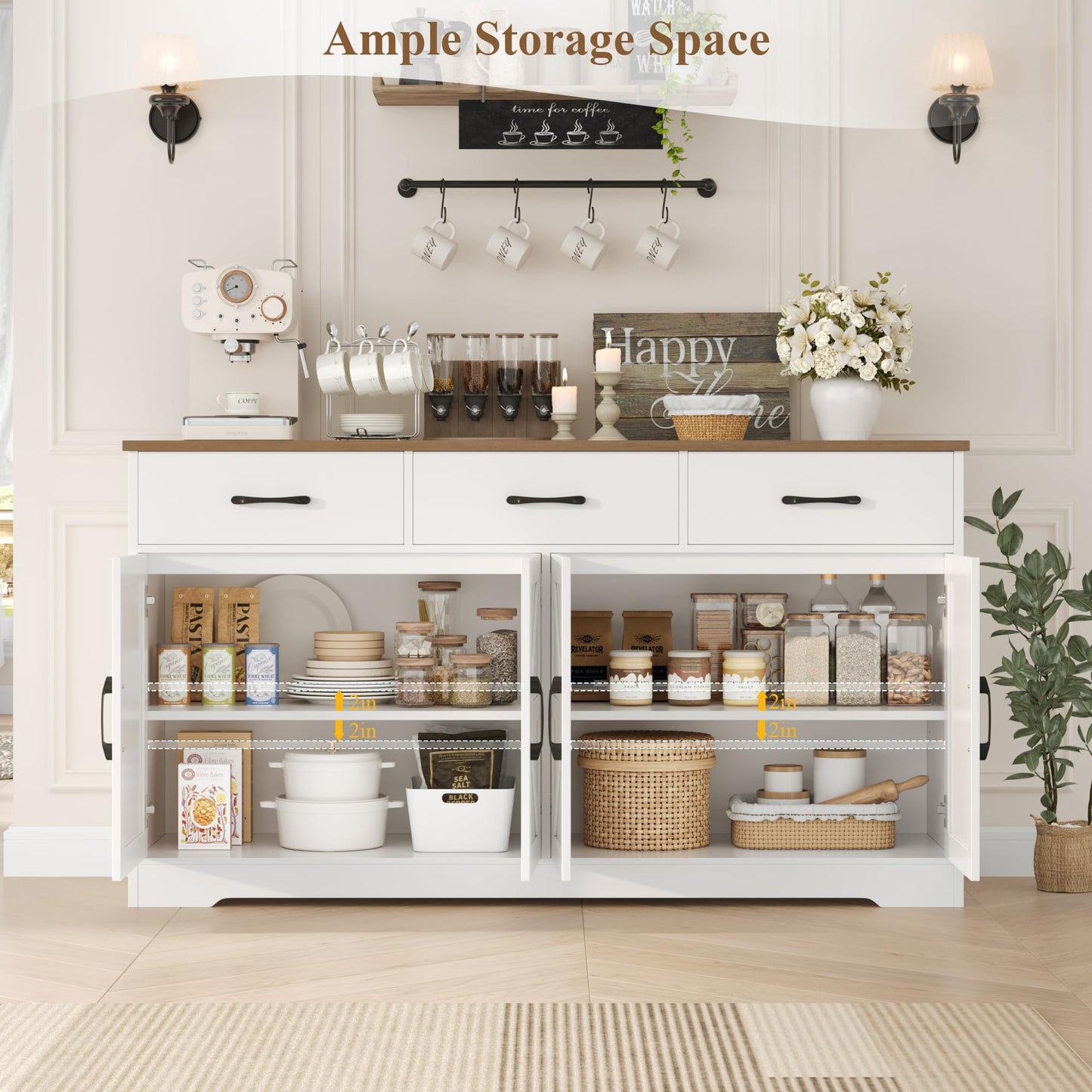 HOSTACK 59" Large Buffet Cabinet with Storage, Farmhouse Sideboard Buffet Cabinet with 3 Drawers, Wood Kitchen Coffee Bar with Doors and Shelves, Long Sideboard Kitchen Table for Dining Room, White