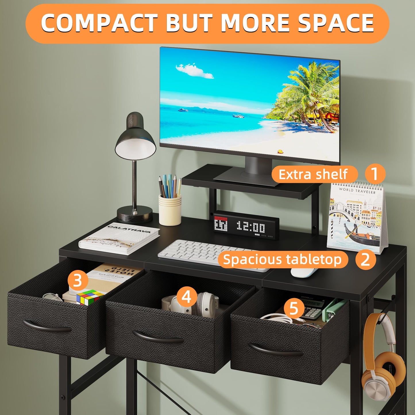 HIGDBFE Small Computer Desk 30 Inch with 3 Fabric Drawers, Office Desk with LED and Monitor Stand, Gaming Desk with Hooks for Small Space, Study Writing Table for Kids Bedroom, Black