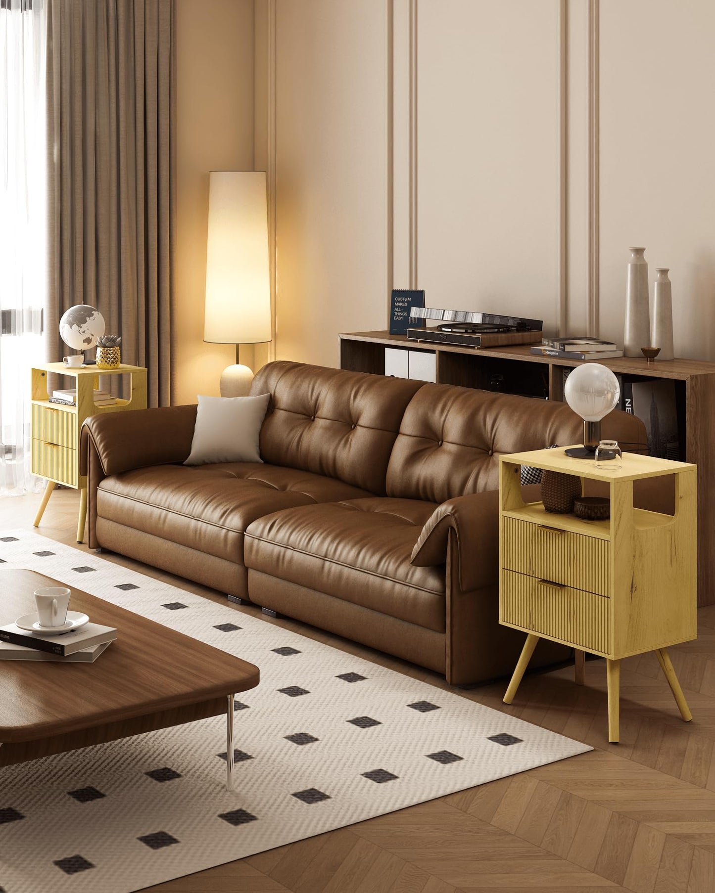 Leomonio Nightstand,Modern Bedside Table with 2 Storage Drawer and Open Wood Shelf, for Bedroom and Small Spaces,Night Stand with Solid Wood Legs, Yellow Oak