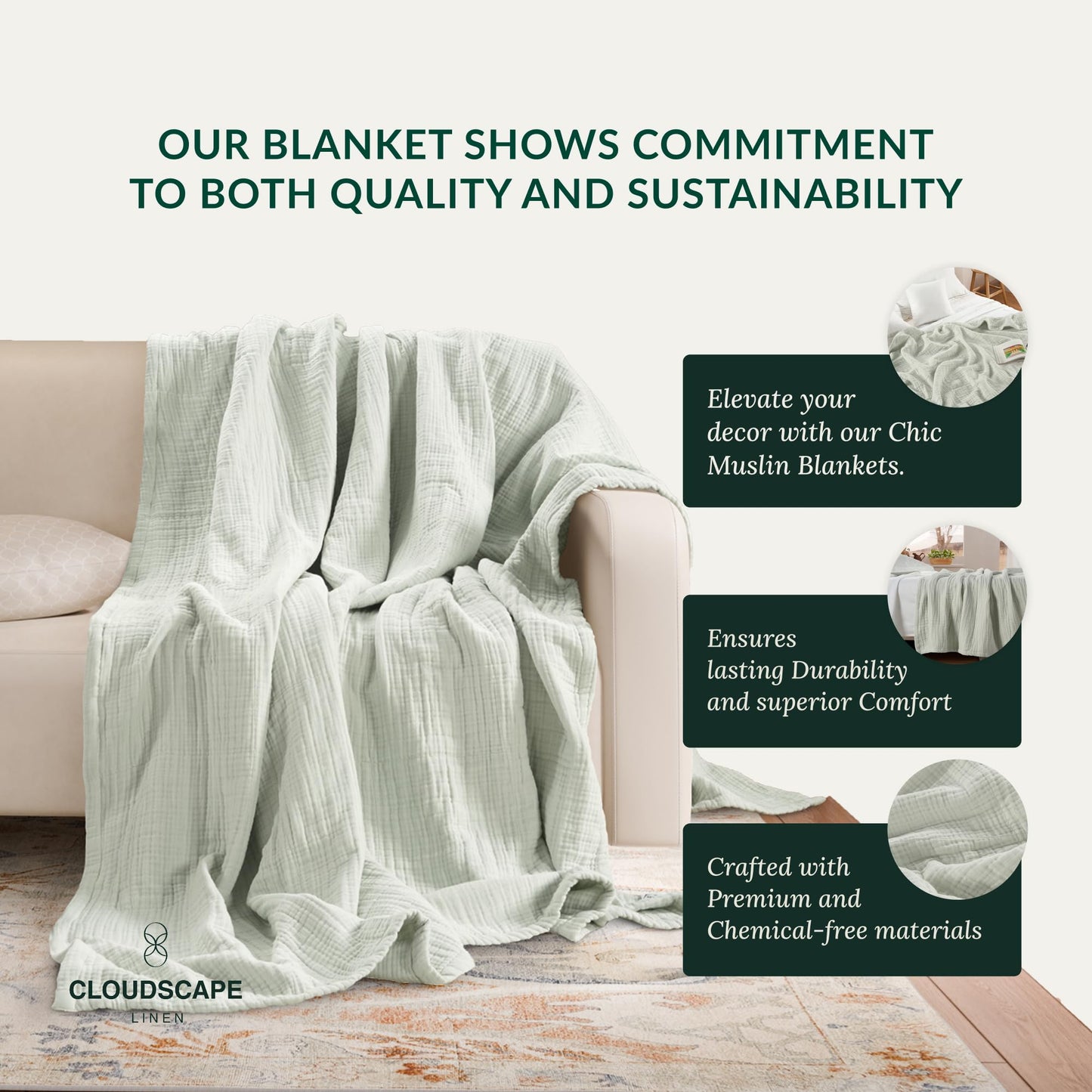 Soft 4 Layer Muslin Cotton Blankets Queen Size for Bed, 100% Cotton Blanket for All Season, Pre-Washed Gauze, Best Summer Blanket, 92x92, Seafoam Green