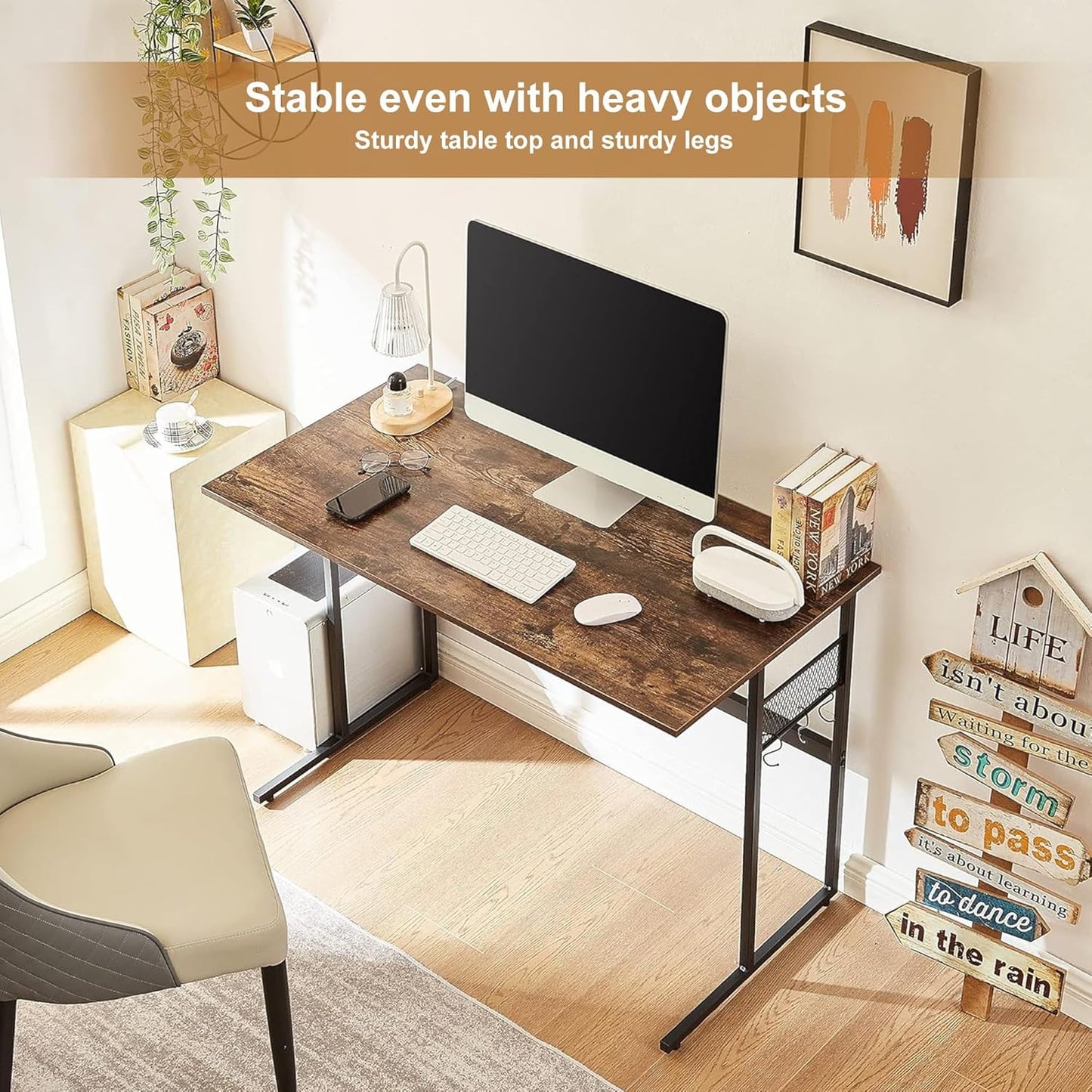 VECELO 43 Inch Computer Desk Home Office Water Proof Writing Desk with 4 Hooks Study Desk with Hook. Adjustable Feet Wooden Desk for Small Space/Home Office/Dormitory Rusic Brown