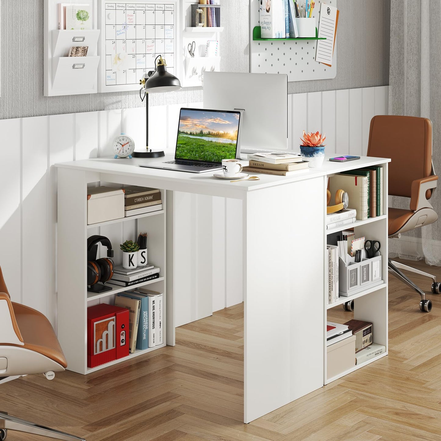 Tangkula Small White Desk with 3-Tier Bookshelf, Modern Simple Home Office Desk for Small Space, Wooden Writing Desk for Study, Living Room & Bedroom, Compact Laptop PC Workstation (White)