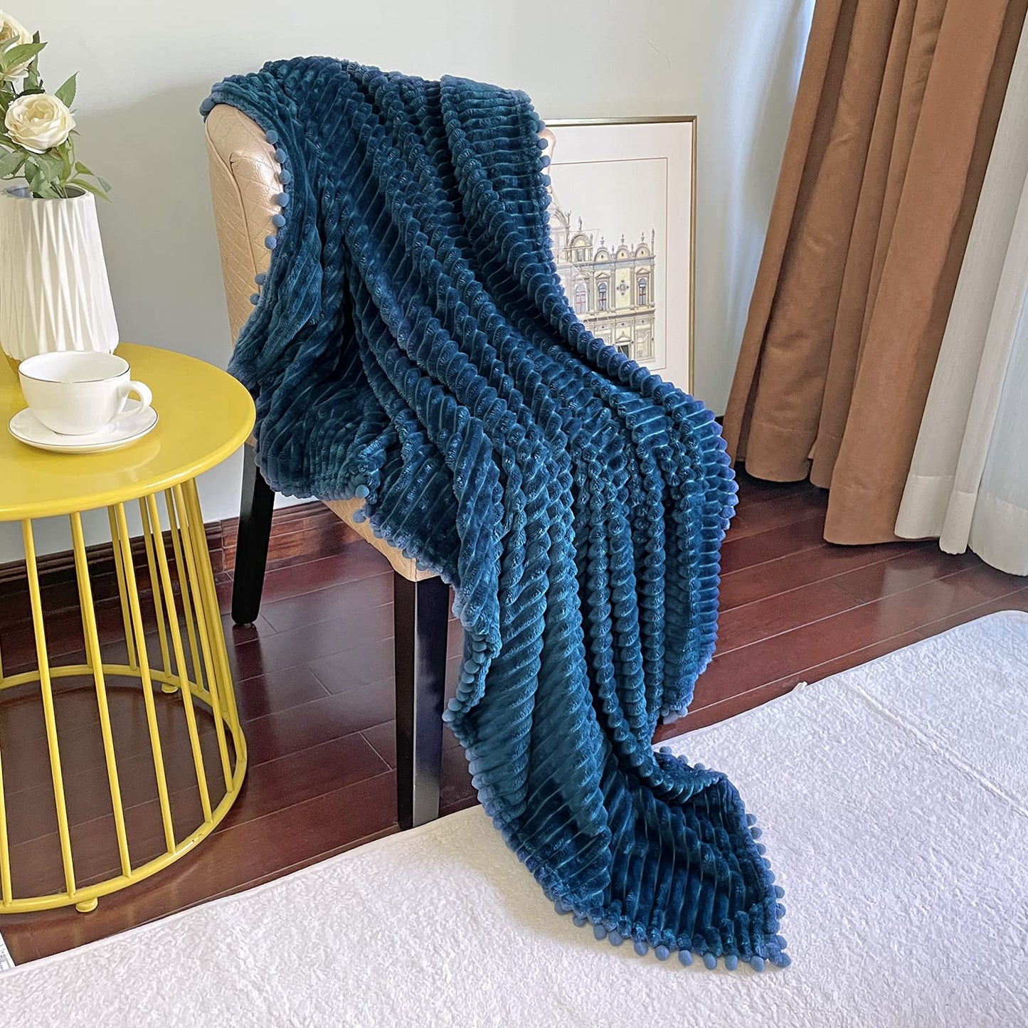 DISSA Fleece Blanket Throw Size – 51x63, Blue – Soft, Plush, Fluffy, Fuzzy, Warm, Cozy – Perfect Throw for Couch, Bed, Sofa - with Pompom Fringe - Flannel Blanket Throw Blanket