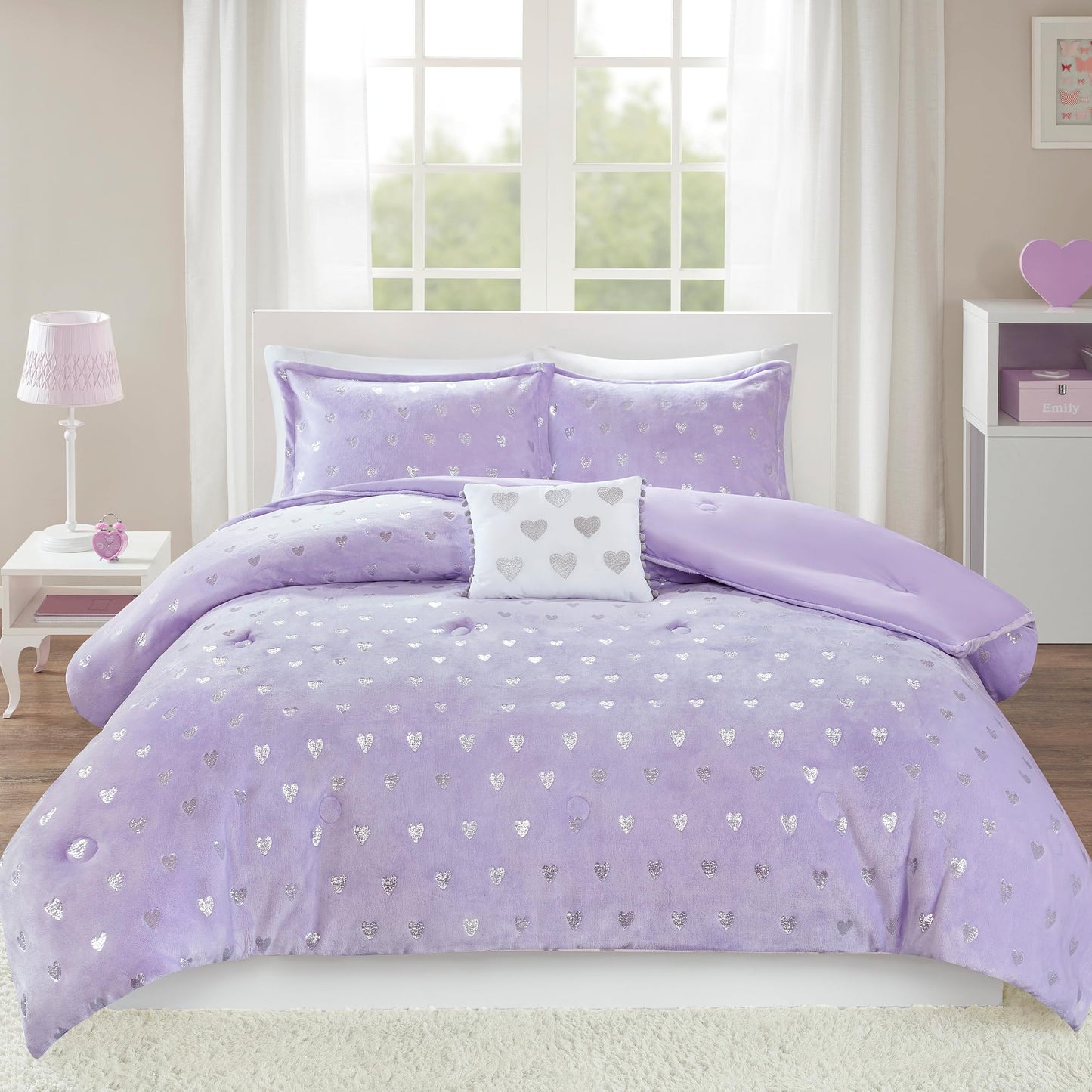 Mi Zone Rosalie Comforter Set for Girls, Ultra-Soft Microlight Plush Metallic Printed Hearts Brushed Reverse Overfilled Down Alternative Hypoallergenic All Season, Twin/Twin XL, Purple/Silver, 3 Piece