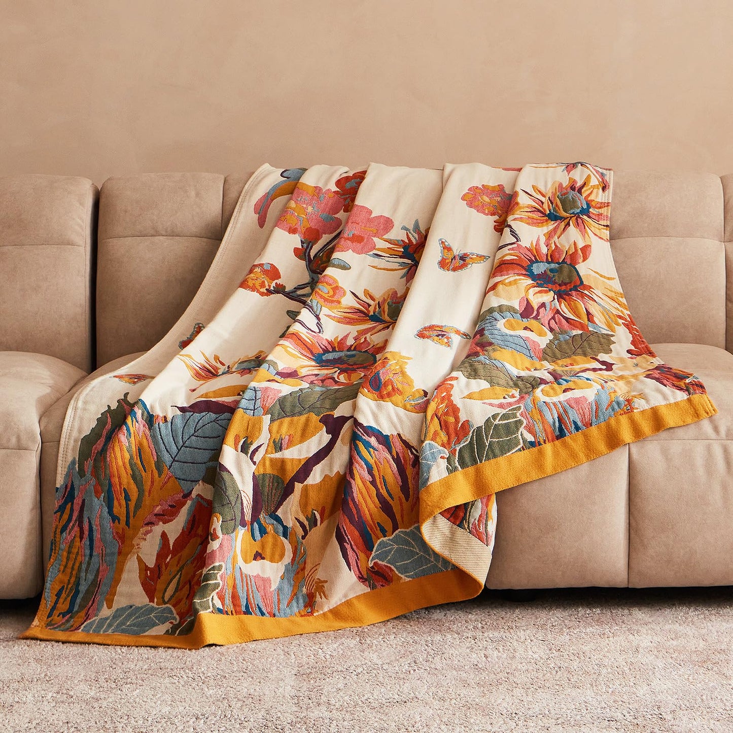 Boho Throw Blanket 100% Cotton Ultra Soft Bed Throw Large Summer Blanket Floral Bird and Butterfly Farmhouse Decor Bed Blankets,60"×80" All Season Blankets for Sofa Couch Chair