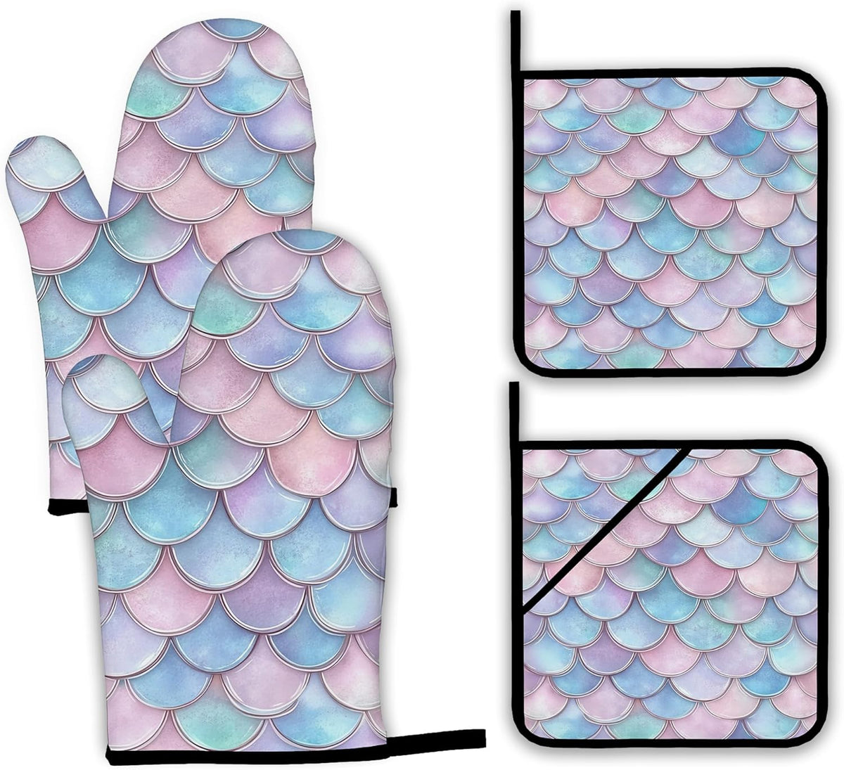 Pink Fish Scales Oven Mitts and Pot Holders Set,Mermaids Kitchen Decor Heat Resistant Non Slip Hot Pads and Oven Mitt for Chef Cooking Baking BBQ Mom Girl Gifts(4 Piece Set)