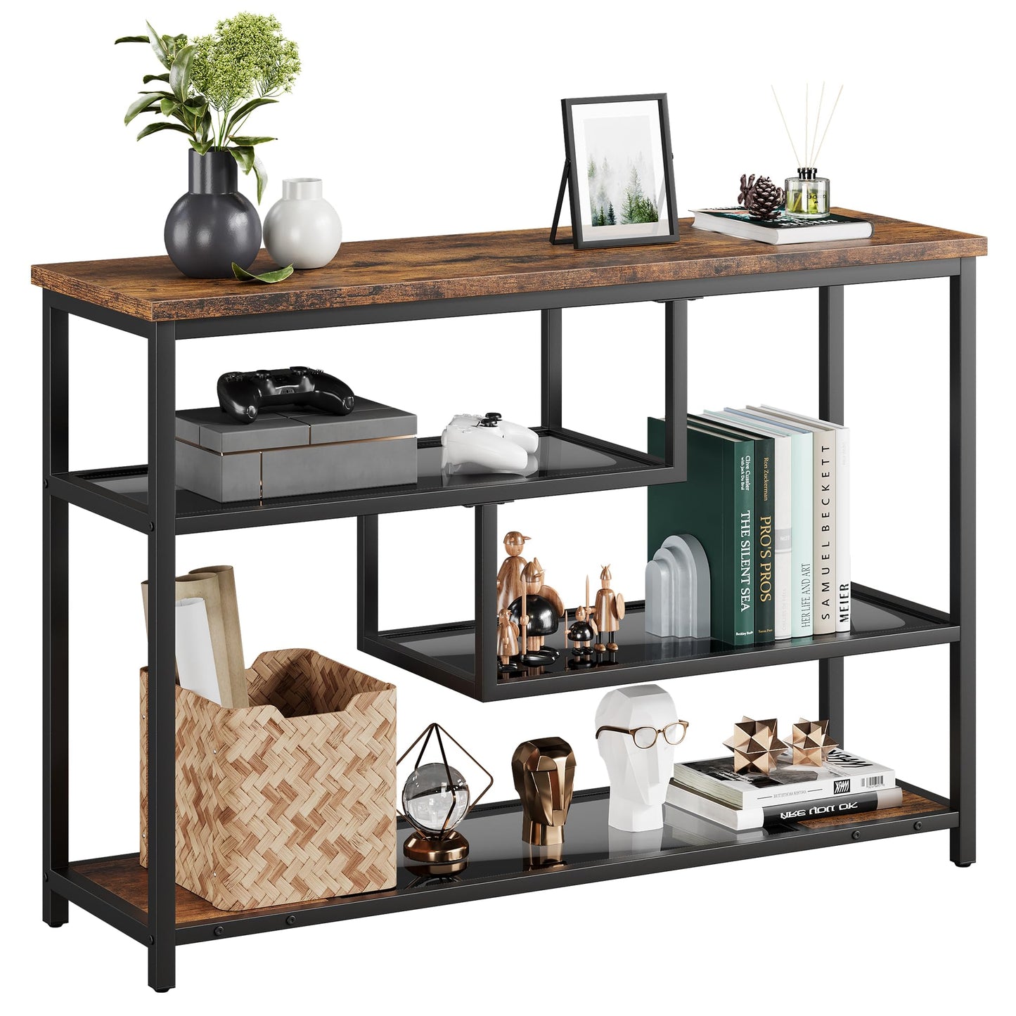 IDEALHOUSE 39.4" Console Table 4-Tier Narrow Entryway Table with Glass Storage Shelf and Metal Frame for Hallway, Living Room, Foyer, Bedroom, Corner Tables, Small Space Furniture, Rustic Brown