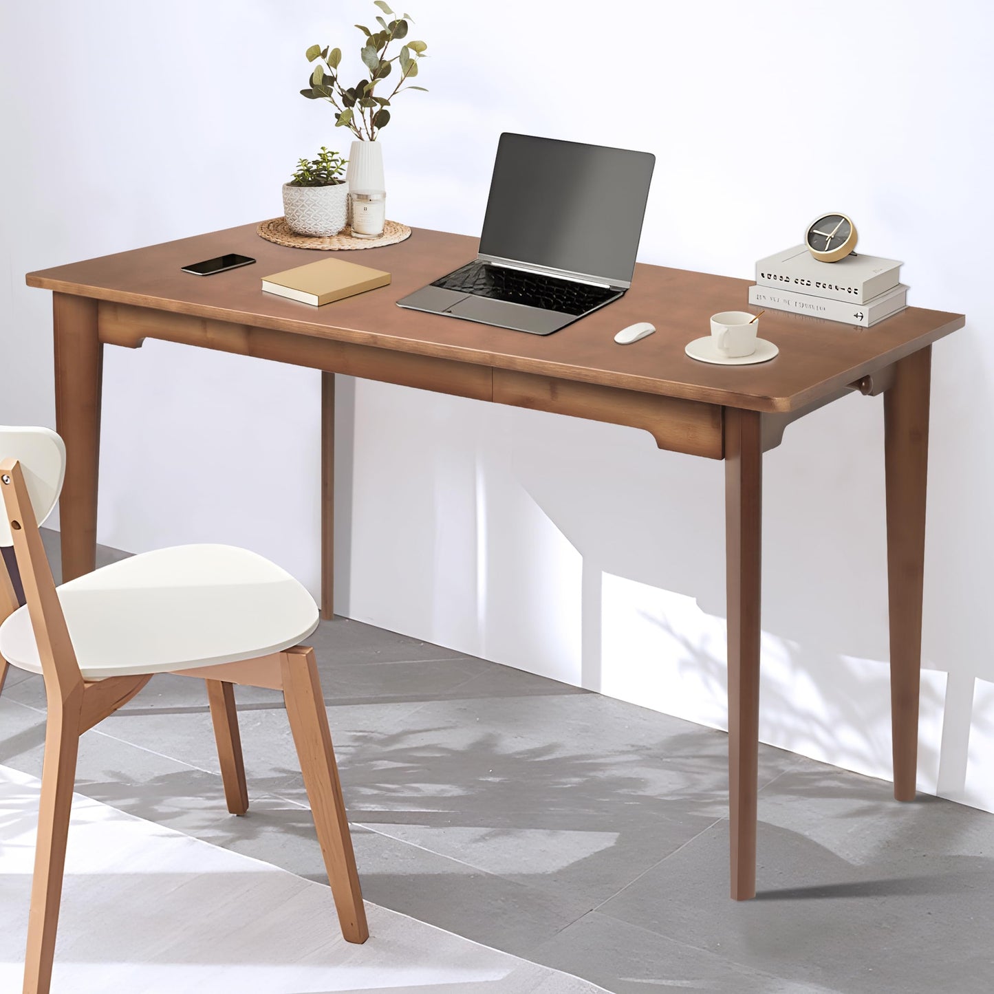Maydear 47" Bamboo Multipurpose Study Writing Desk with Drawer, Modern Simple Computer & Laptop Table Dining Table for Bedroom, Living Room, Home and Office, Kitchen，Walnut