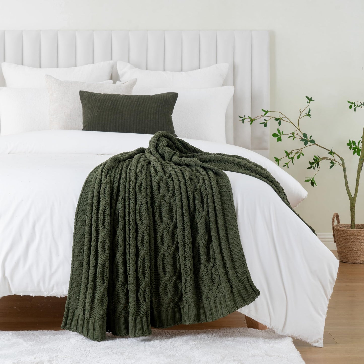 Battilo Olive Green Knit Throw Blanket for Couch, Woven Chenille Throw Blankets for Living Room, Sofa, Soft Chunky Knit Blanket, Decorative Couch Blanket, 51"x67"