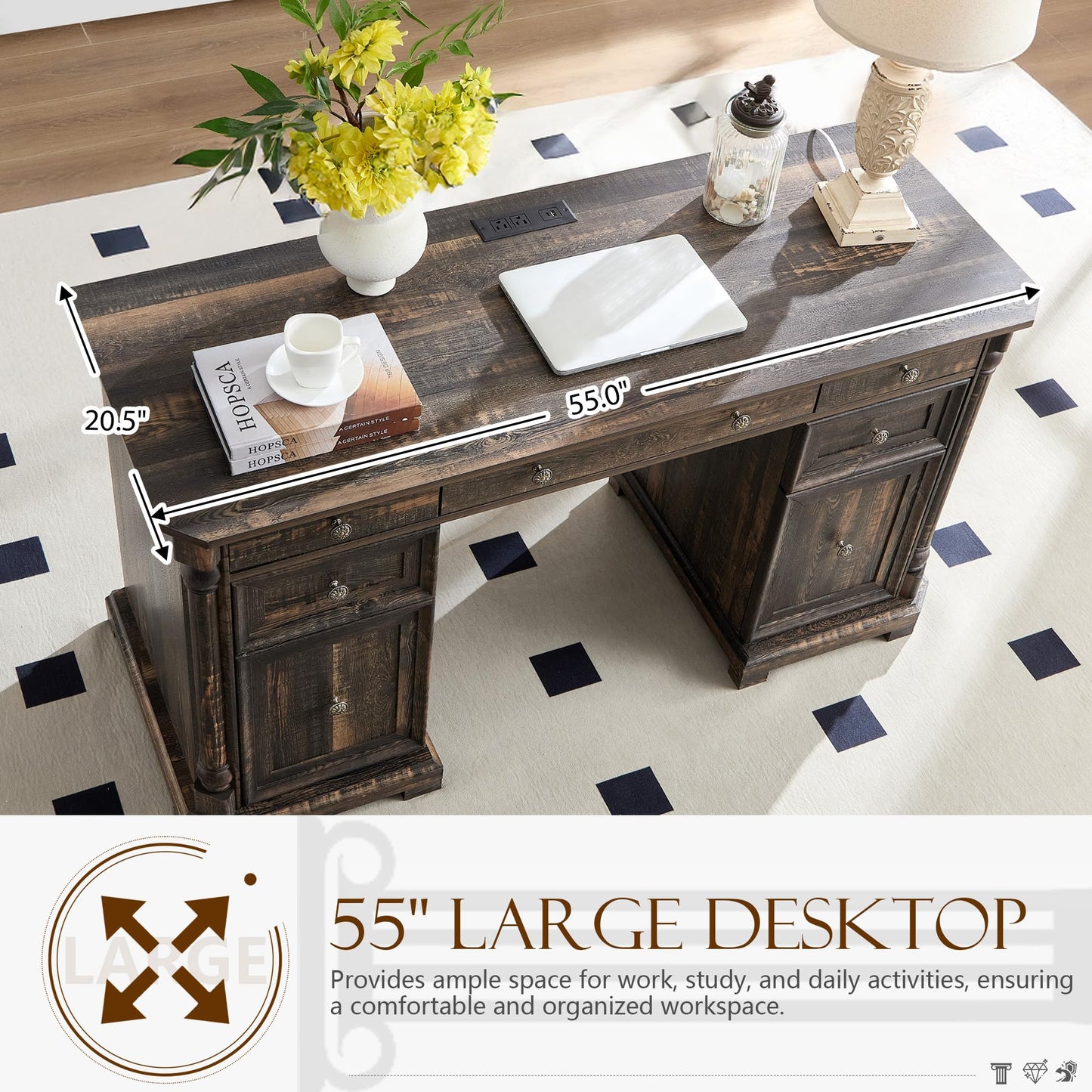 Yechen 55'' Wood Executive Desk with 7 Drawers - Farmhouse Home Office Desks with Storage & Power Outlet, Wooden Computer Desk with Roman Columns, Writing Table for Work & Study, Dark Reclaimed Oak
