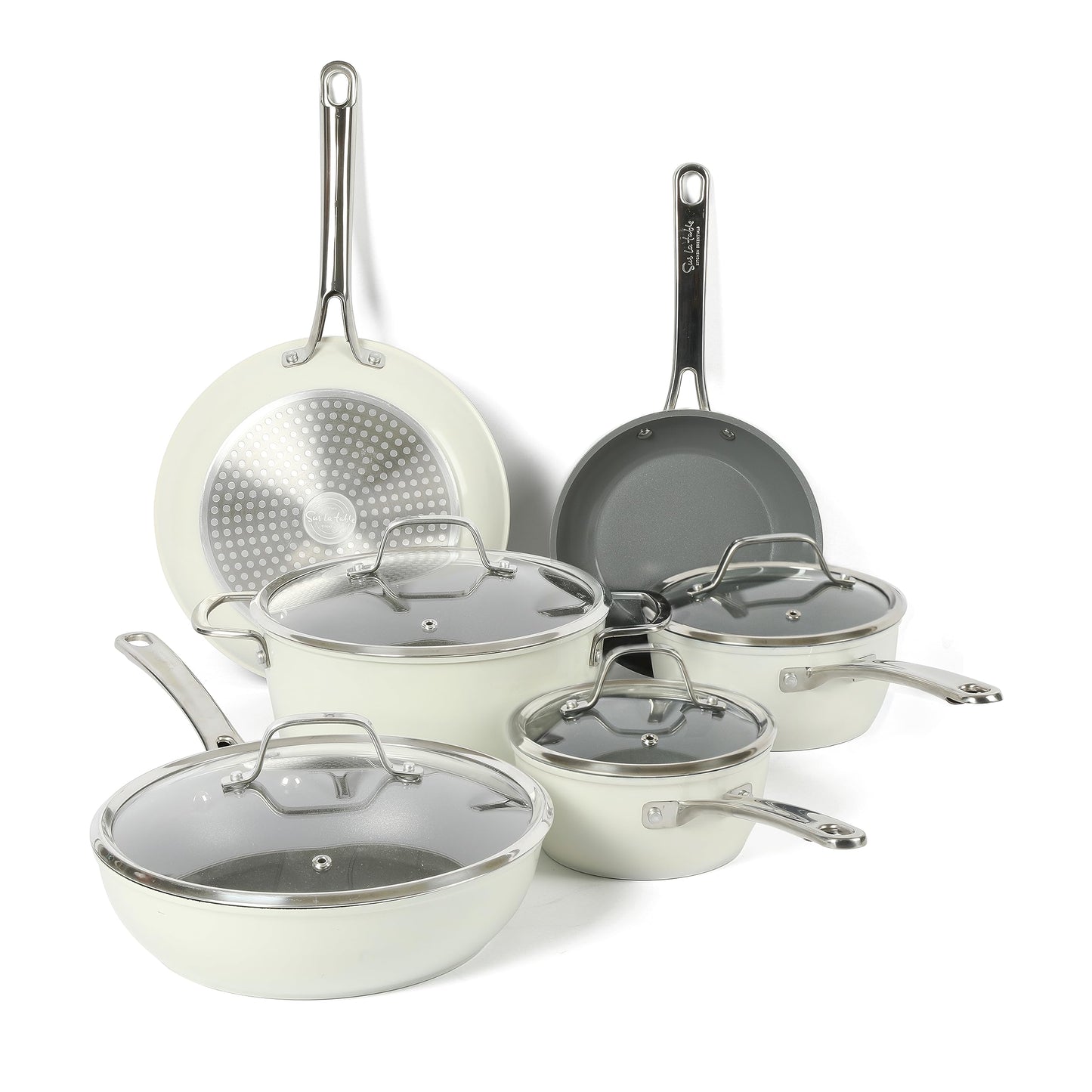 Sur La Table Kitchen Essentials 10 Piece PFA Free Non-Toxic Titanium Ceramic Nonstick Interior Forged Aluminum Cookware Pots and Pans Set - Linen White - Induction Compatible
