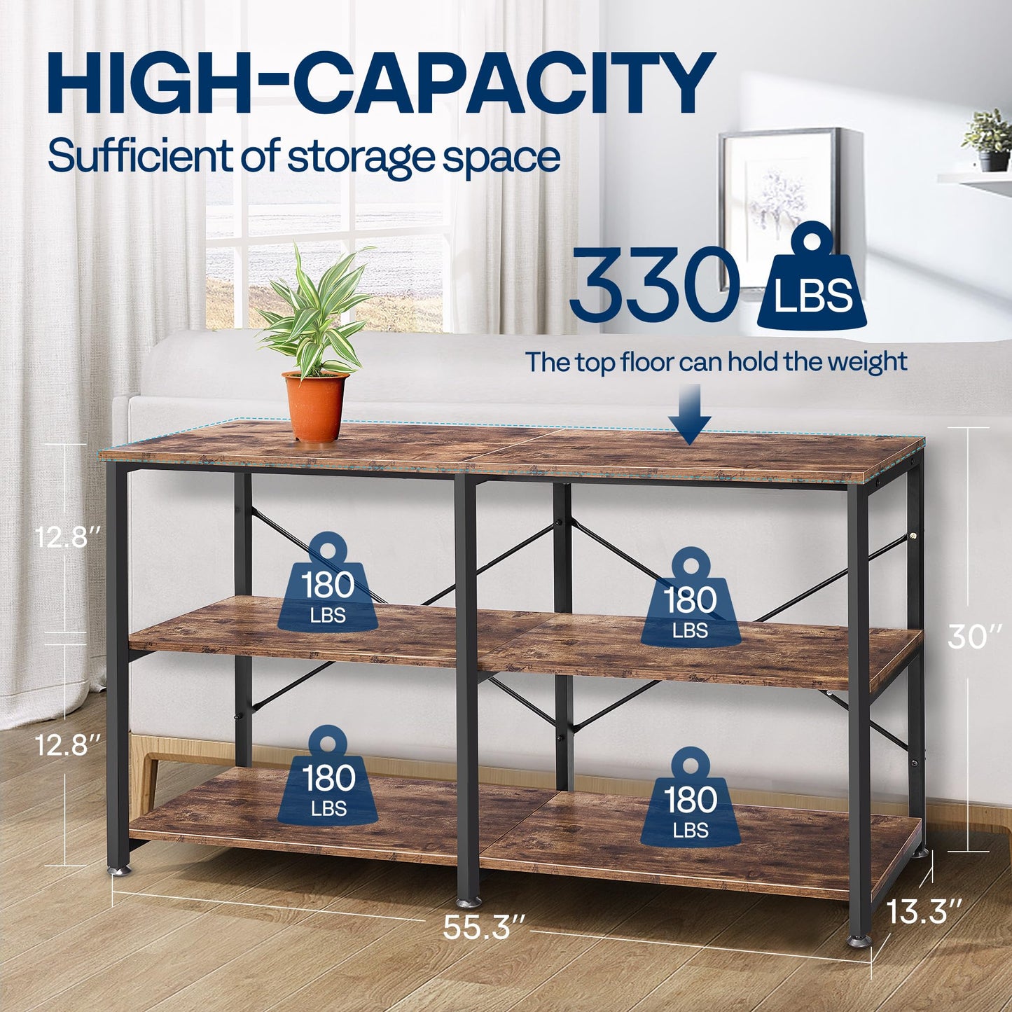 VIVOHOME 55 Inch Entryway Console Table, Narrow Industrial Sofa Table Behind Couch with 3-Tier Storage Shelves, Metal Frame, Easy Assembly, for Hallway, Living Room