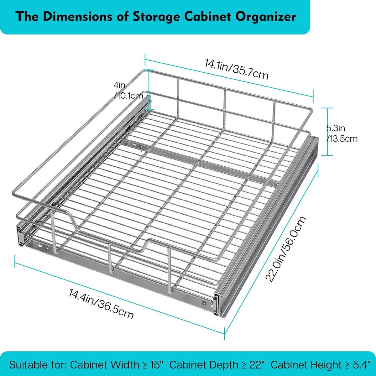 Pull Out Cabinet Organizer 14" W X 22" D, Slide Out Drawers For Kitchen Organizers and Storage, Pull Out Drawers For Cabinets Capacity Heavy Duty Caddy, Cabinet Shelves Chrome-Plated, Bathroom Pantry