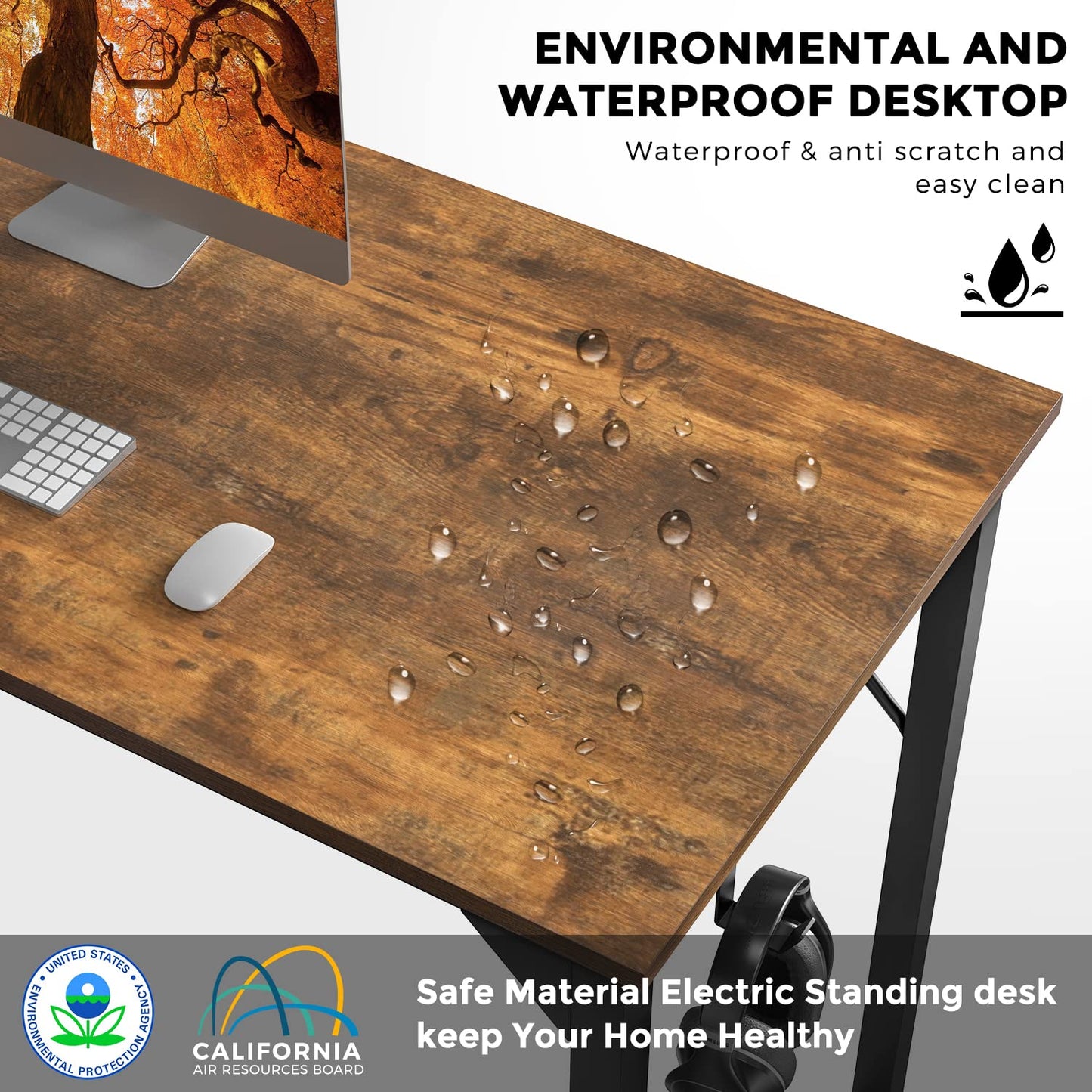 OLIXIS Computer Office Desk, 55 Inch Writing Work Study PC Wood Modern Desk with Storage Bag & Headphone Hook Simple Bedroom for 2 Person Kids Student Table, Rustic Brown