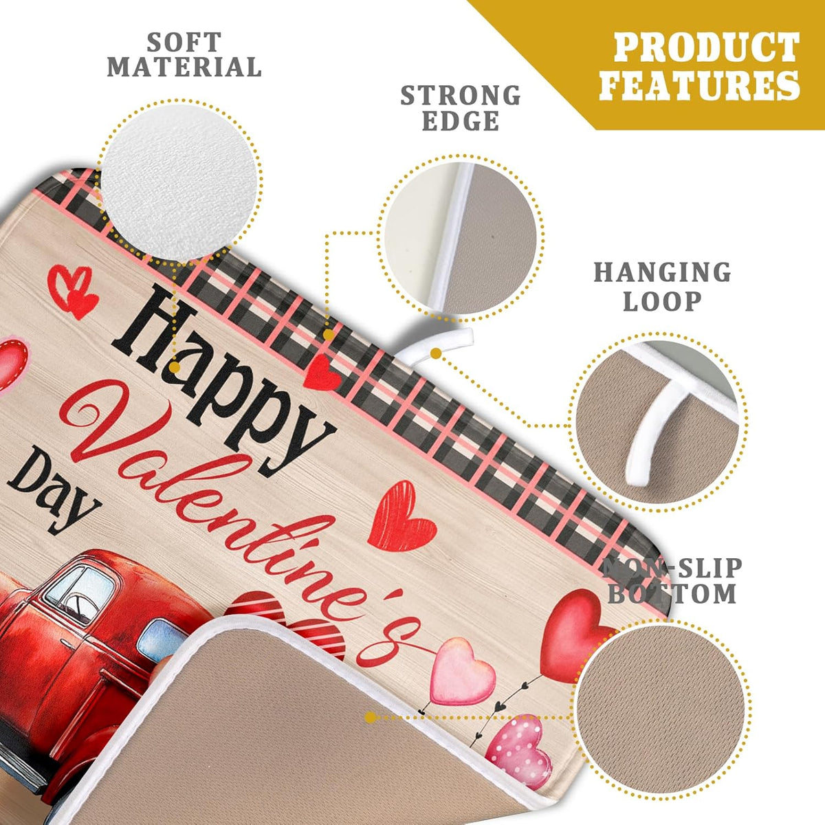 Valentine's Day Truck Dish Drying Mat 16x18 inch Love Heart Washable Absorbent Dishes Pad Dish Drainer Mat for Kitchen Counter Sink Coffee