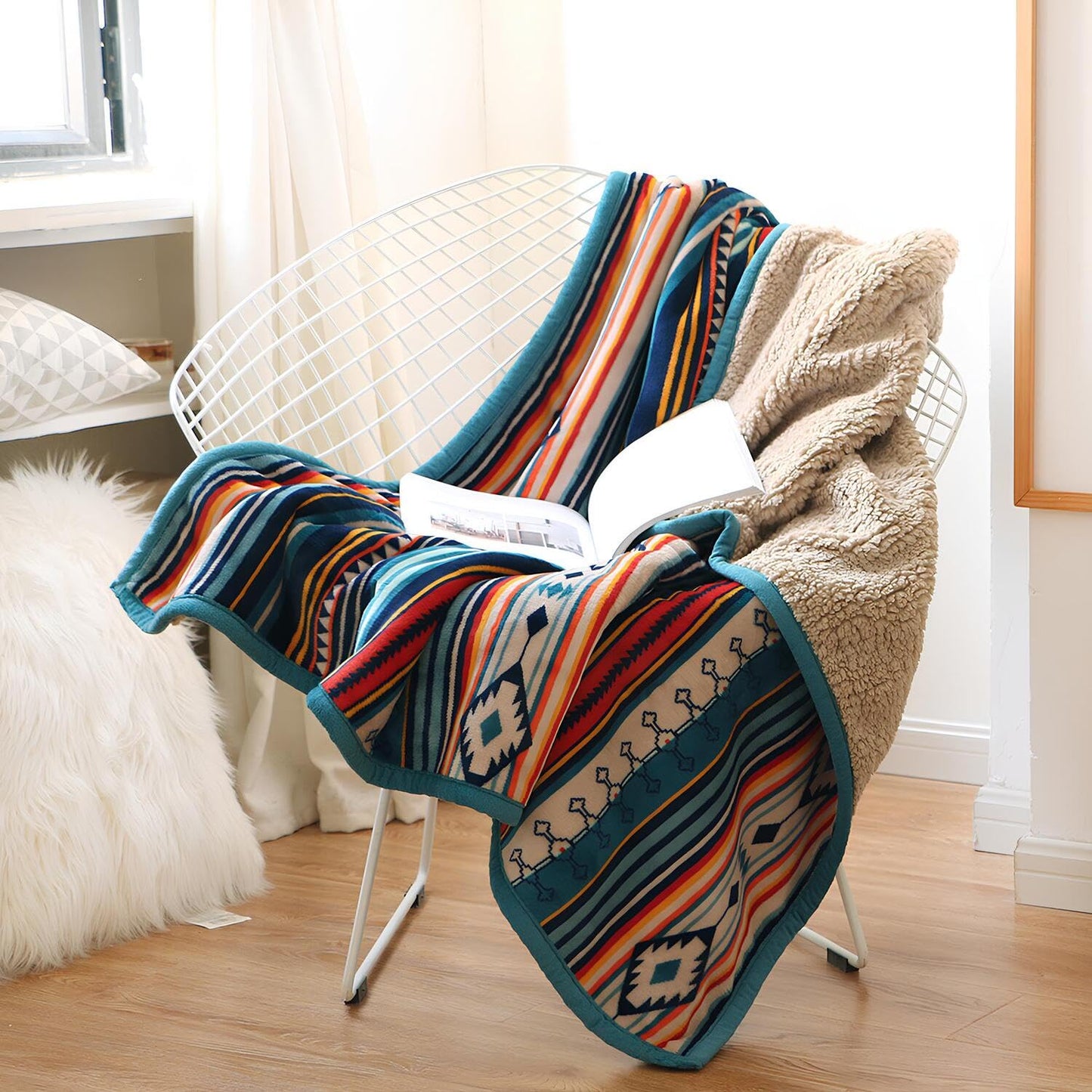 Sherpa Boho Throw Blanket, Super Soft and Cozy Aztec Blanket, Double-Layer Flannel Fleece Blankets as Lap Blanket, Couch, Sofa, Bed, Camping