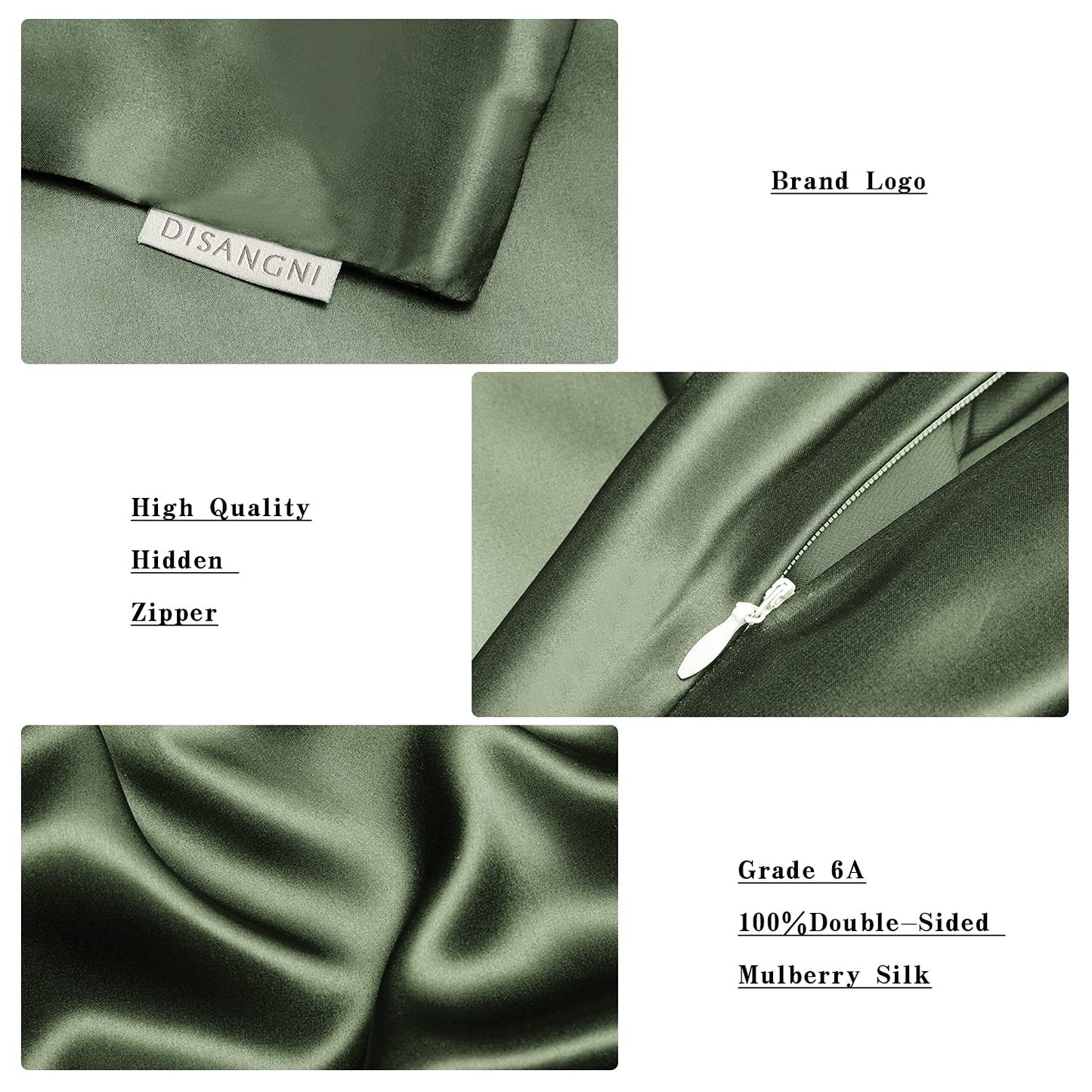 DISANGNI 100% Silk Pillow Cases 2 Packfor Hair and Skin,with Hidden Zipper 22 Momme Both Sides Pure Natural Mulberry Silk Real Silk Pillow Case (2 pc Standard Size 20"x26" Green)