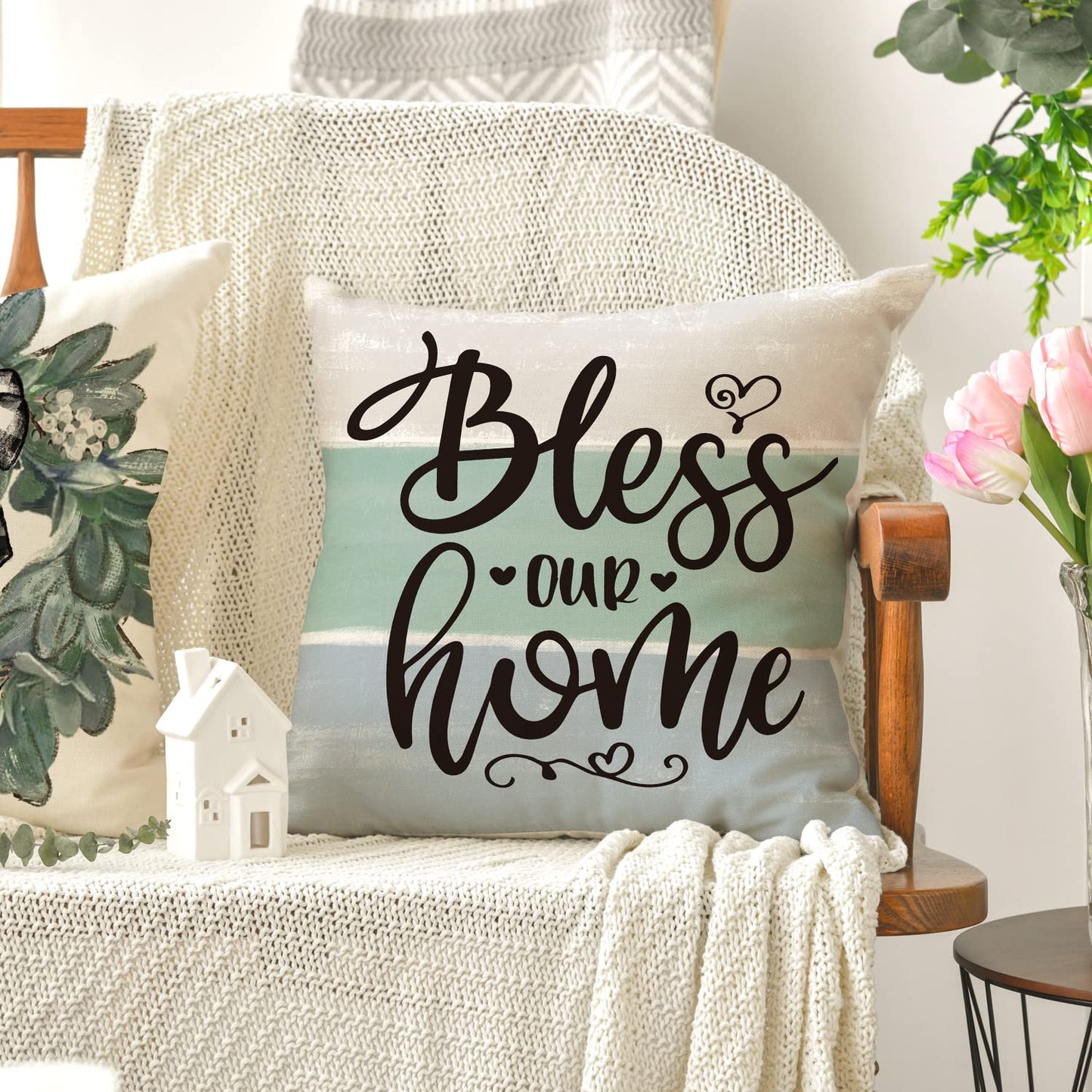 AVOIN colorlife Spring Sweet Home Eucalyptus Lamb Ear Wreath Throw Pillow Covers, 18 x 18 Inch Bless Our Home Buffalo Plaid Cushion Case for Sofa Couch Set of 4