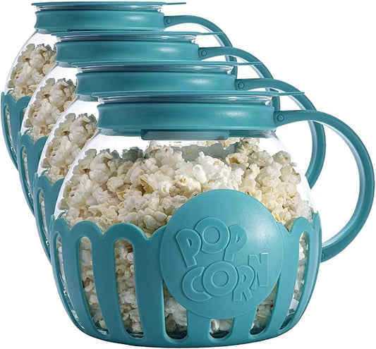 Ecolution Patented Micro-Pop Microwave Popcorn Popper with Temperature Safe Glass,3-in-1 Lid Measures Kernels and Melts Butter,Made Without BPA,Dishwasher Safe,3-Quart,Teal,(Pack of 4)