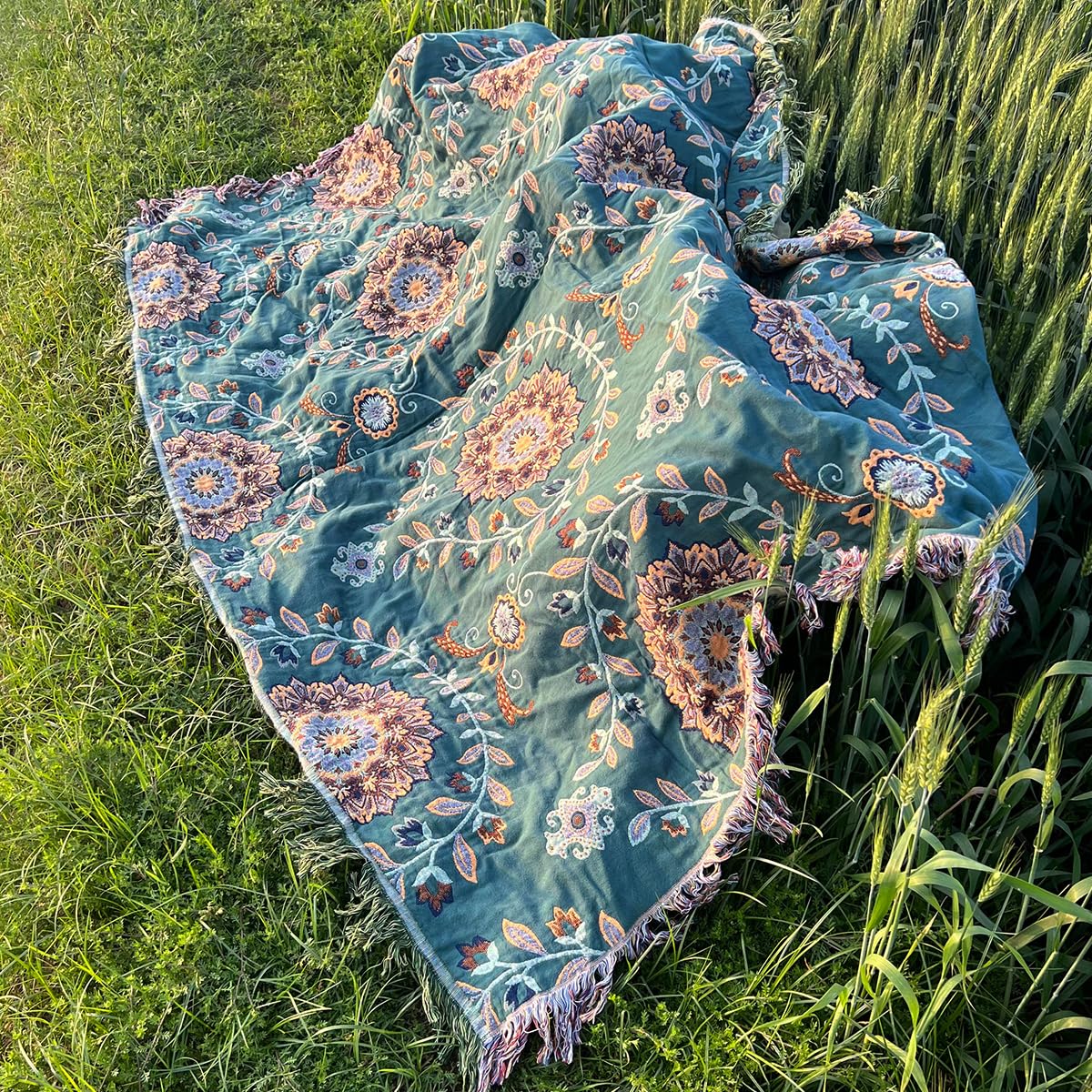Hopstar Boho Throw Blanket for Bed - 100% Cotton Fall Blanket Floral Printed Farmhouse Decor Large Bed Blankets (Floral A, 60"×80")