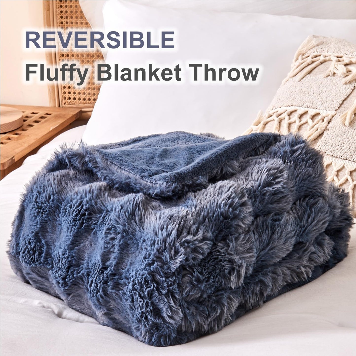DOISING Soft Cozy Plush Faux Rabbit Fur Grey Throw Blanket, Decorative Boho Fluffy Blanket for Couch Bed Sofa Chair and Living Room, Luxury Fuzzy Fleece Winter Throw Blankets for Women, 50x60''