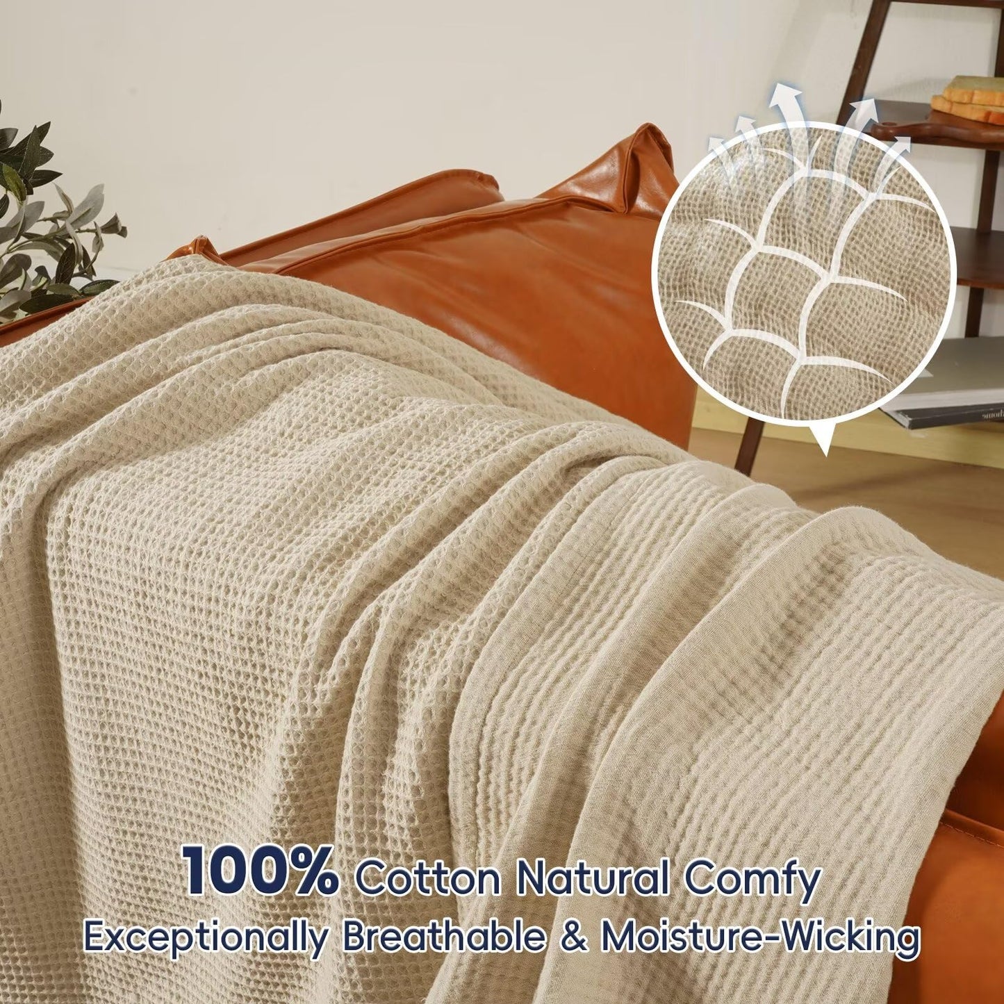 PHF 100% Cotton Waffle Muslin Blanket Queen Size, 90" x 90" Lightweight and Breathable Washed Cotton Blanket, Aesthetic Soft Muslin Waffle Bedding for Sofa Bed Home Decor, Oak