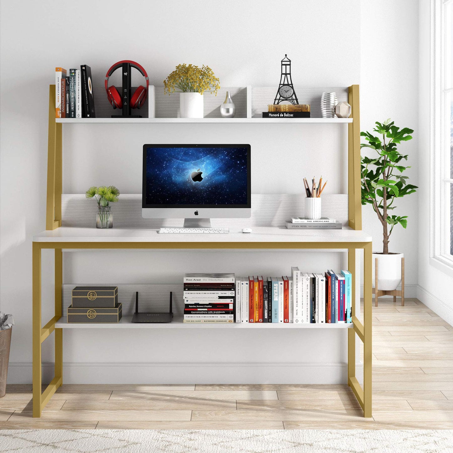 Tribesigns Computer Desk, 47 inch Office Desk with Hutch and Bookshelf, Modern Study Writing Table for Home Office (White)