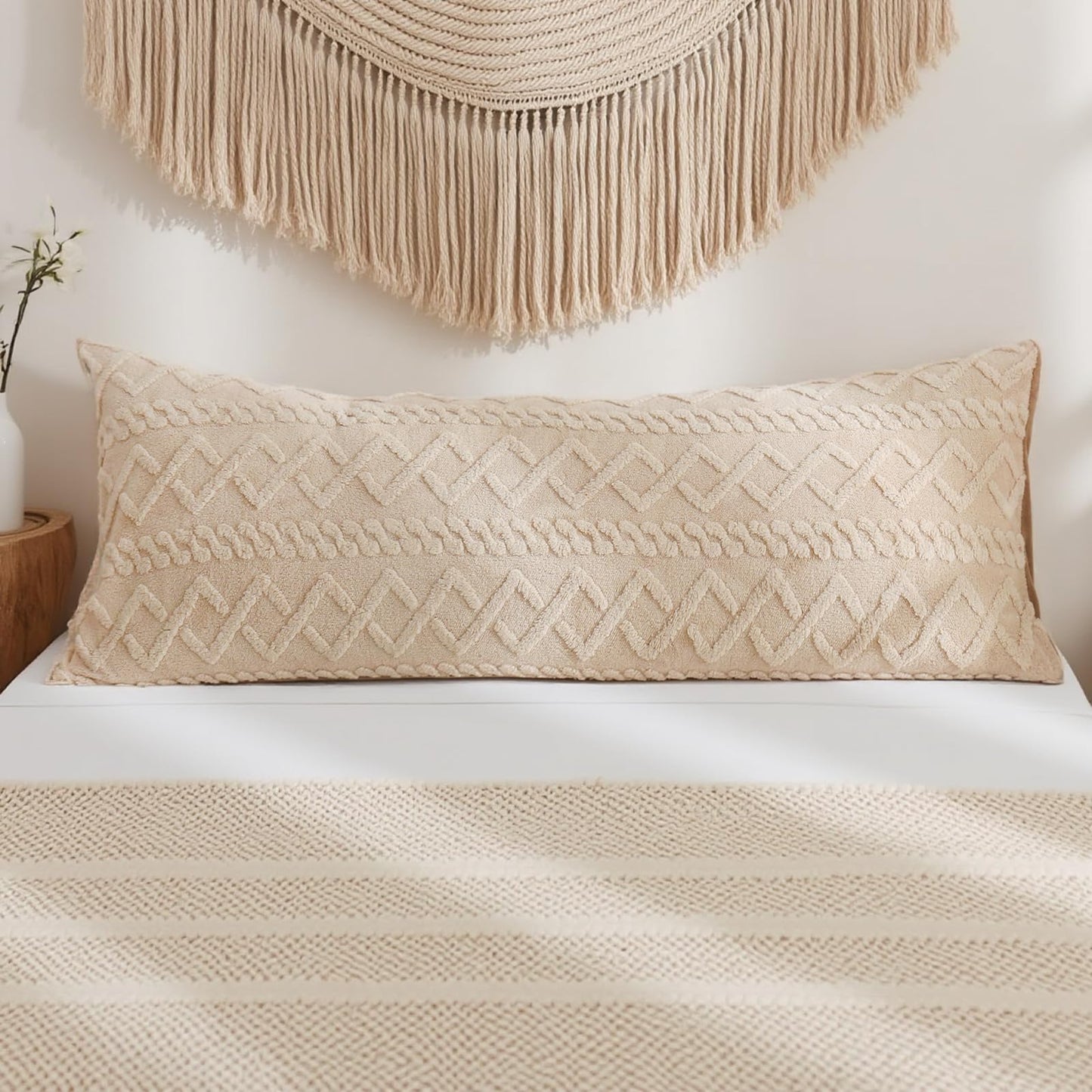Chumerry Beige Fluffy Body Pillow Cover Faux Fur Pillowcase for Couch Bed Diamond Stripe Geometric Bed Pillow Cover Flannel Fleece Long Pillow Cover