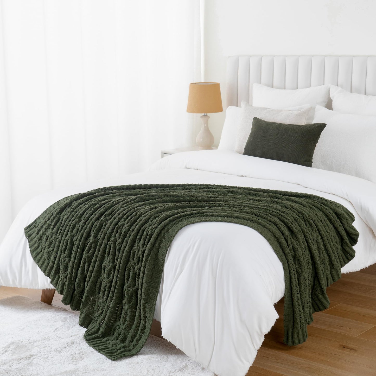 Battilo Olive Green Knit Throw Blanket for Couch, Woven Chenille Throw Blankets for Living Room, Sofa, Soft Chunky Knit Blanket, Decorative Couch Blanket, 51"x67"
