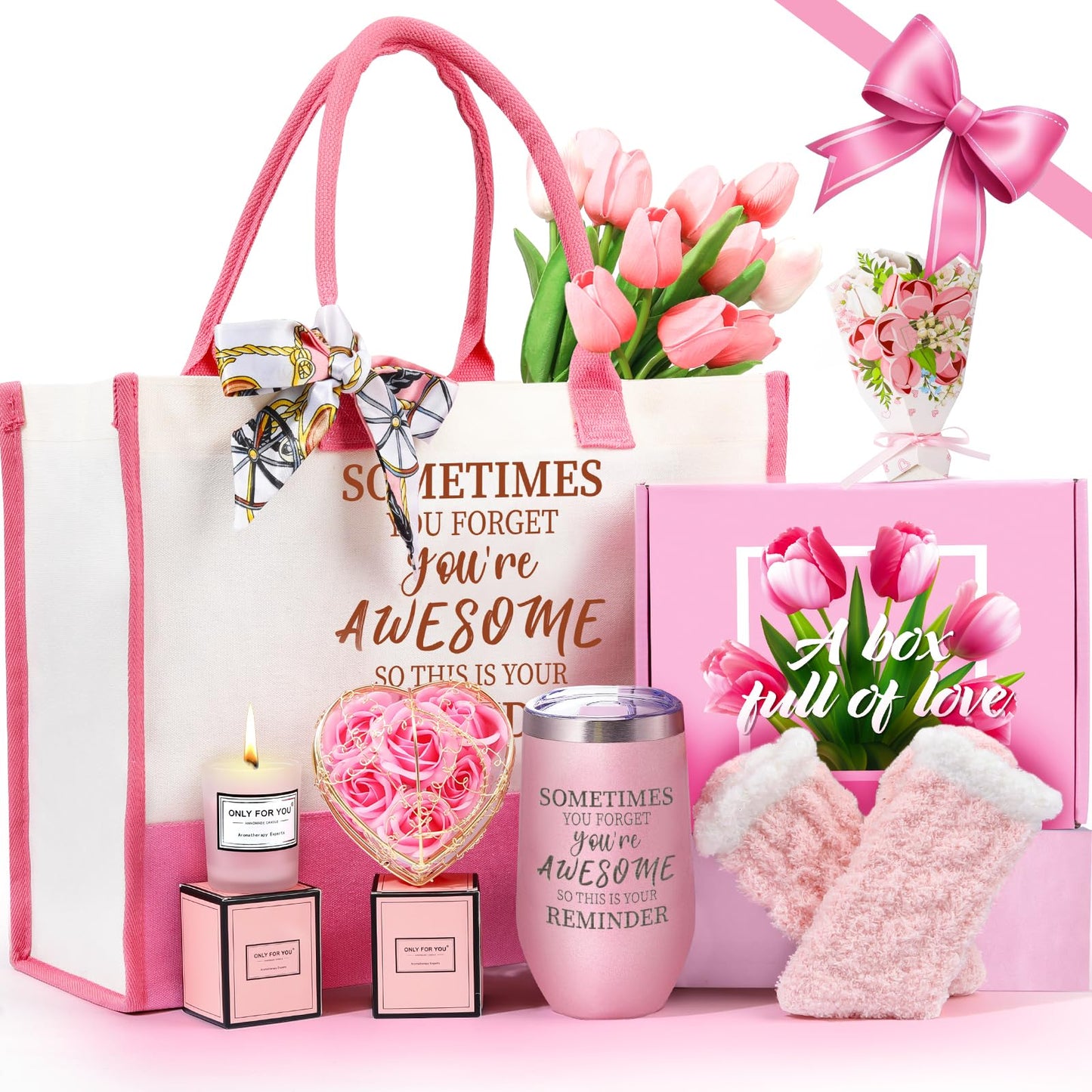Gifts Baskets for Women, Birthday Baskets for Mom, Sister, Her, Employee, Wife, Thanksgiving Day, Christmas Gifts for Women, Care Package, Gift Sets with Canvas Tote Bag Sock Tumbler Soap Flower
