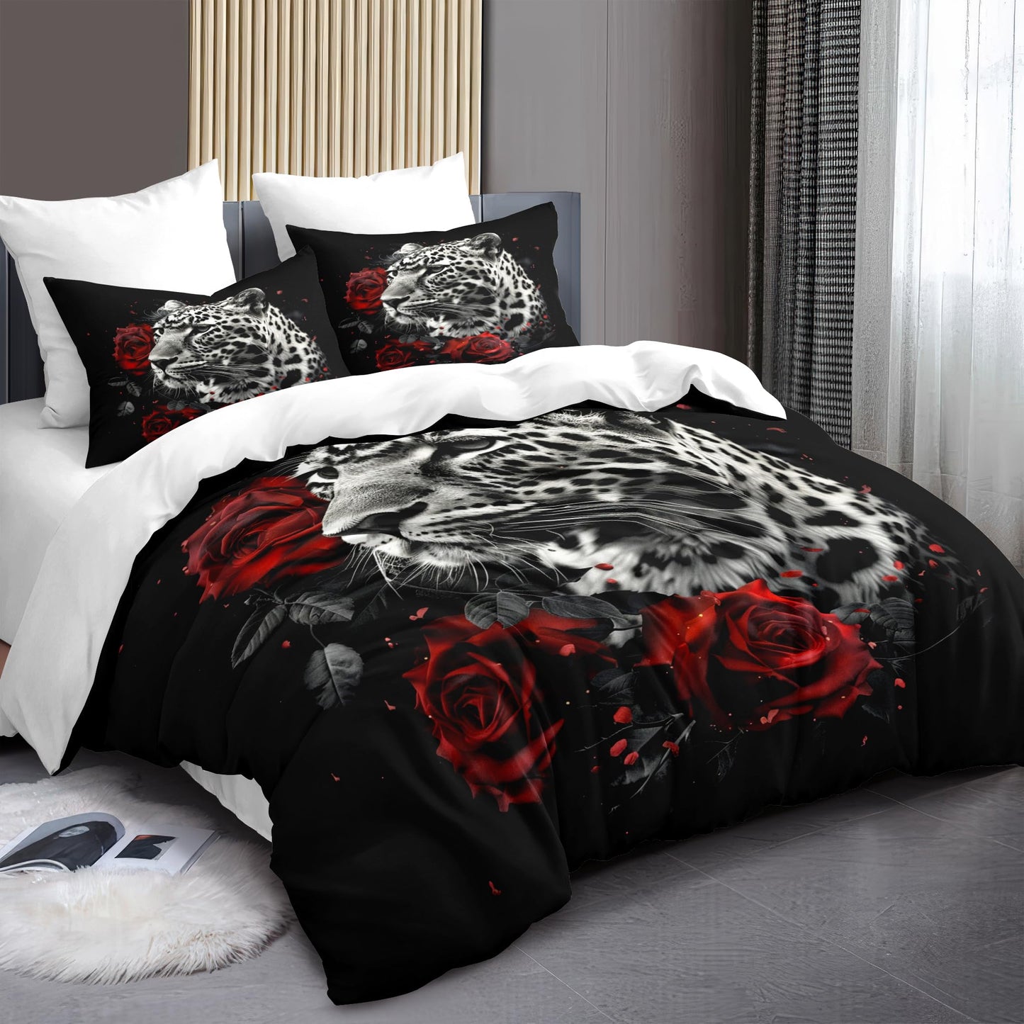 CCoutueChen Black Red Leopard Rose Comforter Set King Size, Romantic Flowers Wild Animal Bedding Set, 3 Pieces Wild Animal Print Soft Lightweight Microfiber Comforter with 2 Pillowcases/90 X 104"