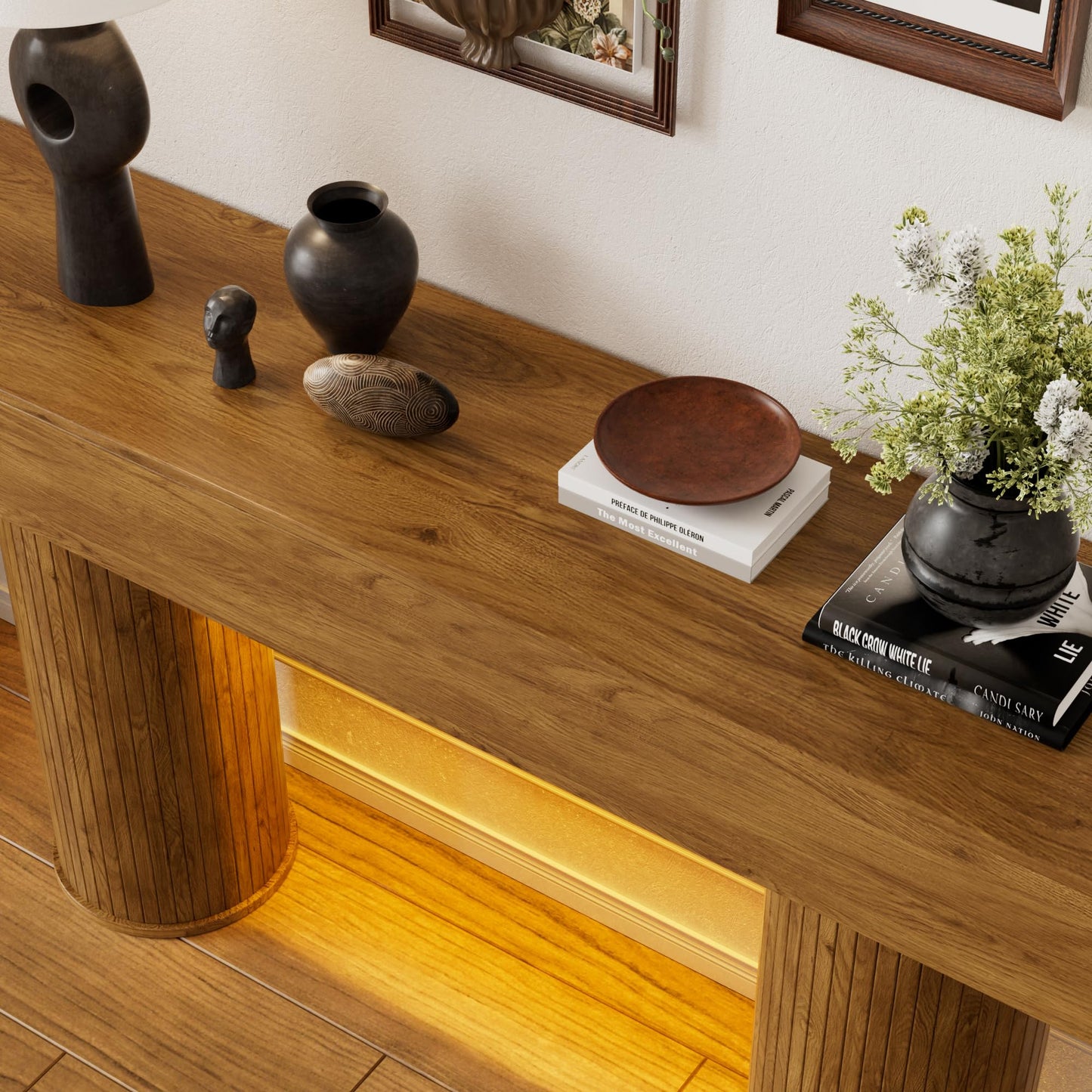 CASANOOKK 63-Inch Long Farmhouse Console Table,Wood Entryway Table with LED Light,Narrow Sofa Table Behind The Couch,Multiple Lighting Modes Adjustable,for Living Rooms,Entryway,Hallway,Rustic Brown