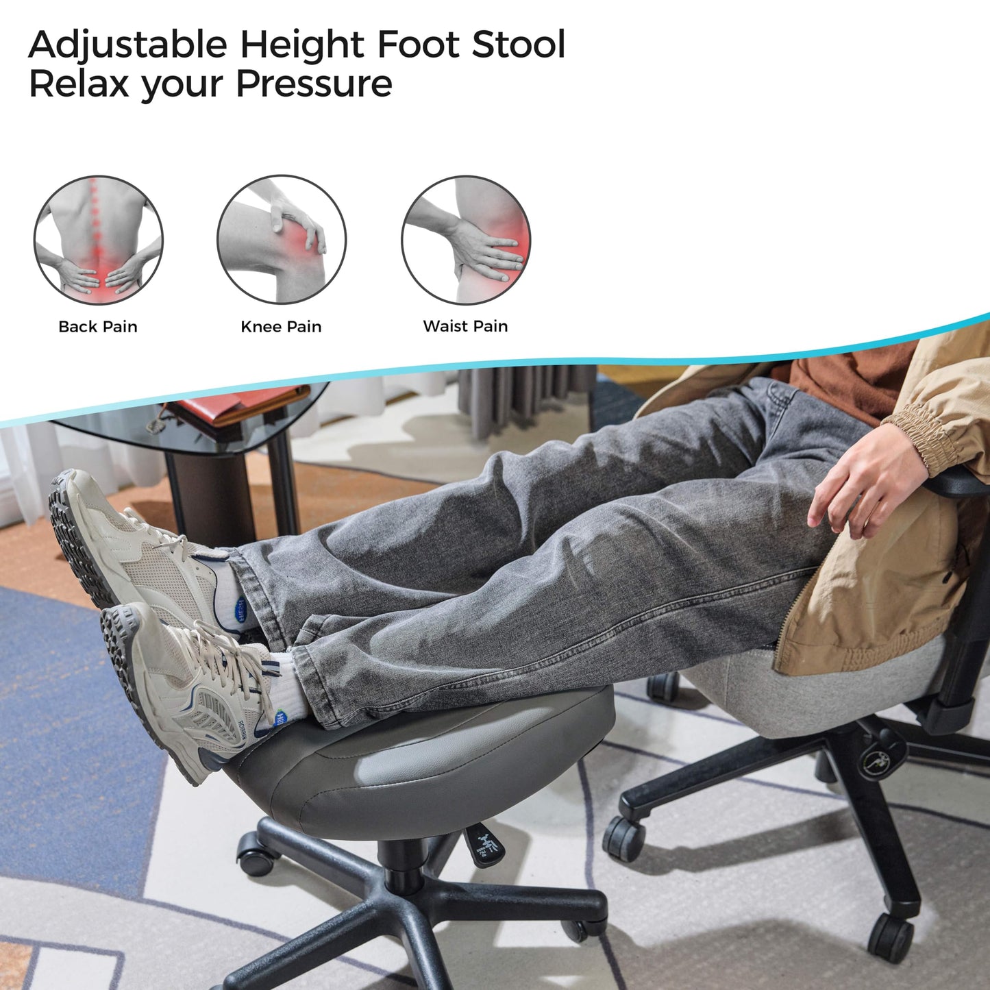 EUREKA ERGONOMIC Height Adjustable Foot Stool,19x18'' Large Seat Under Desk Footrest,Swivel Rolling Chair W Sturdy Wheels,Ottoman Stool Simple Meeting Chair for Home Office,Grey